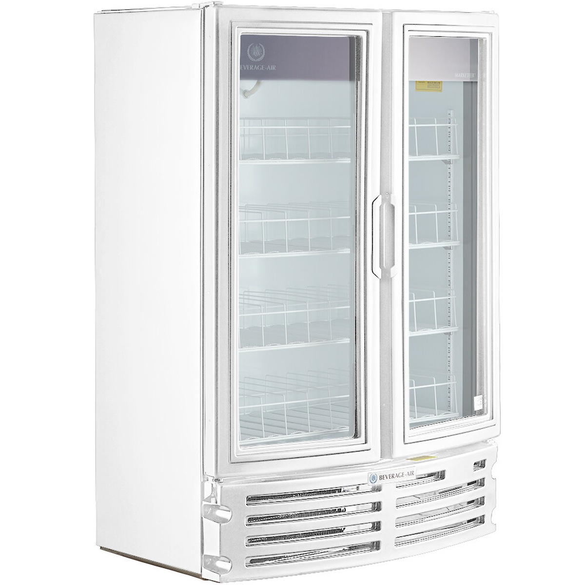 Beverage Air MT21-1W white two-door glass door merchandiser refrigerator with wire shelves and bottom-mounted grille