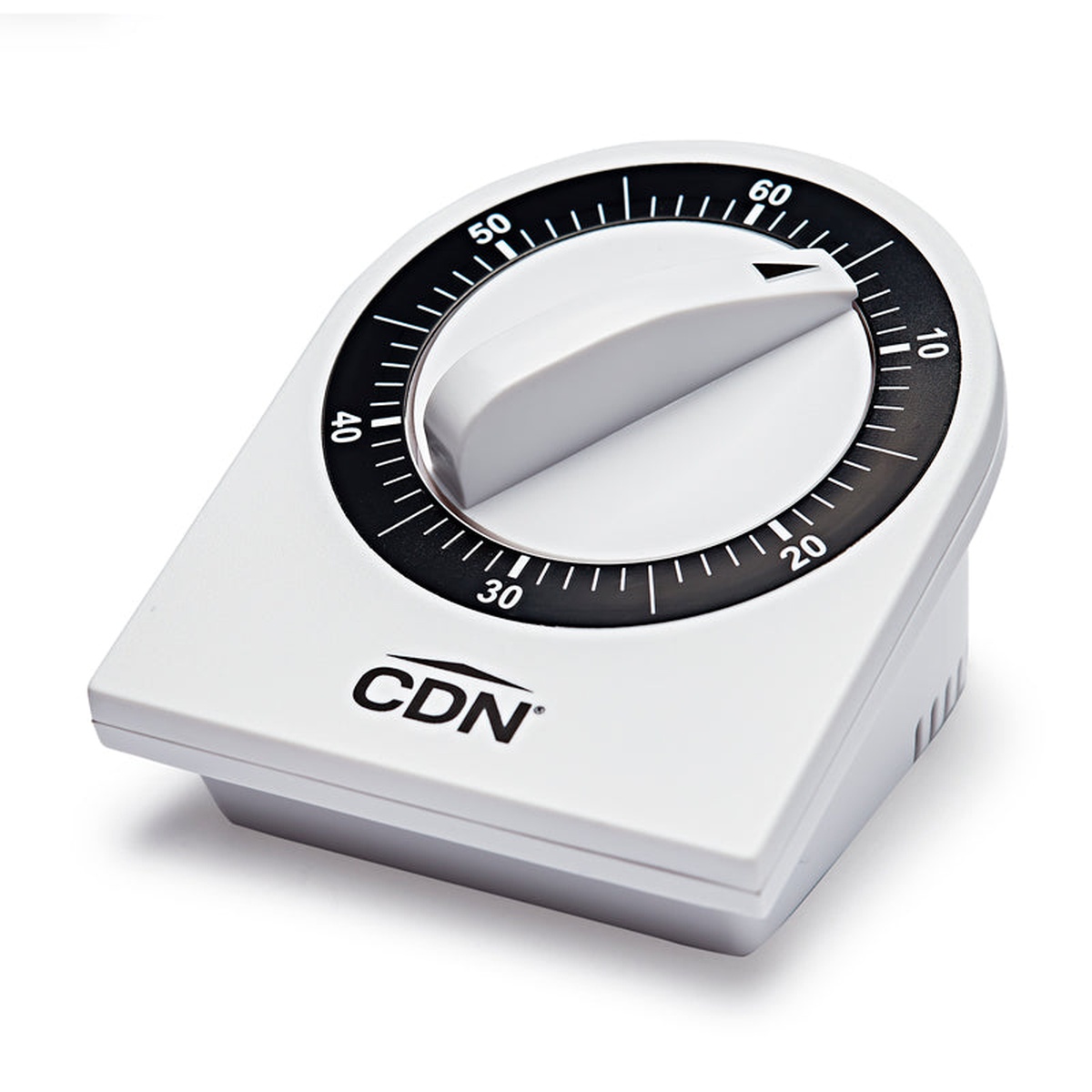 CDN MTM3 white mechanical kitchen timer front view showing 60-minute dial and easy-turn knob