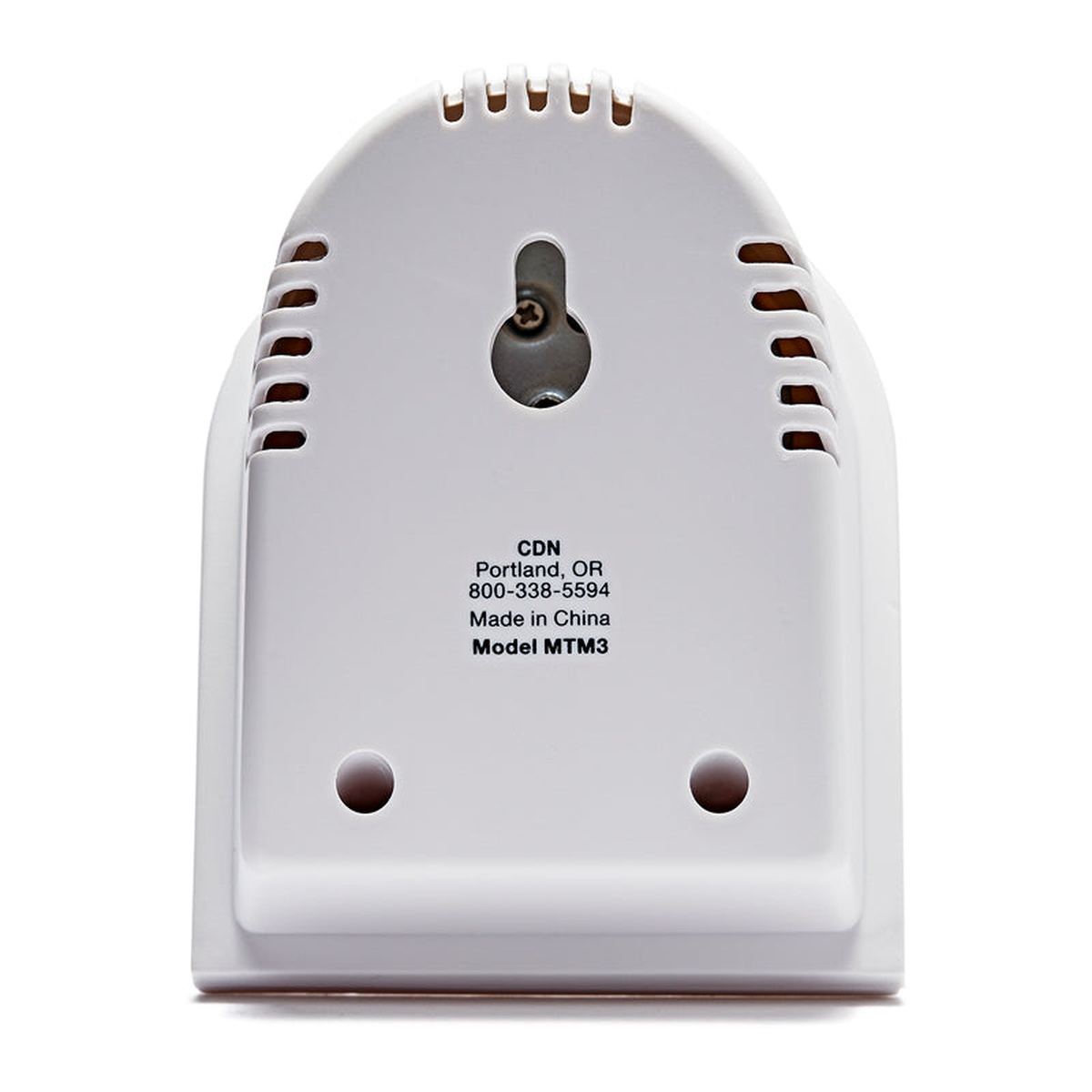 CDN MTM3 mechanical timer back view showing keyhole wall-mount slot and ventilation slots