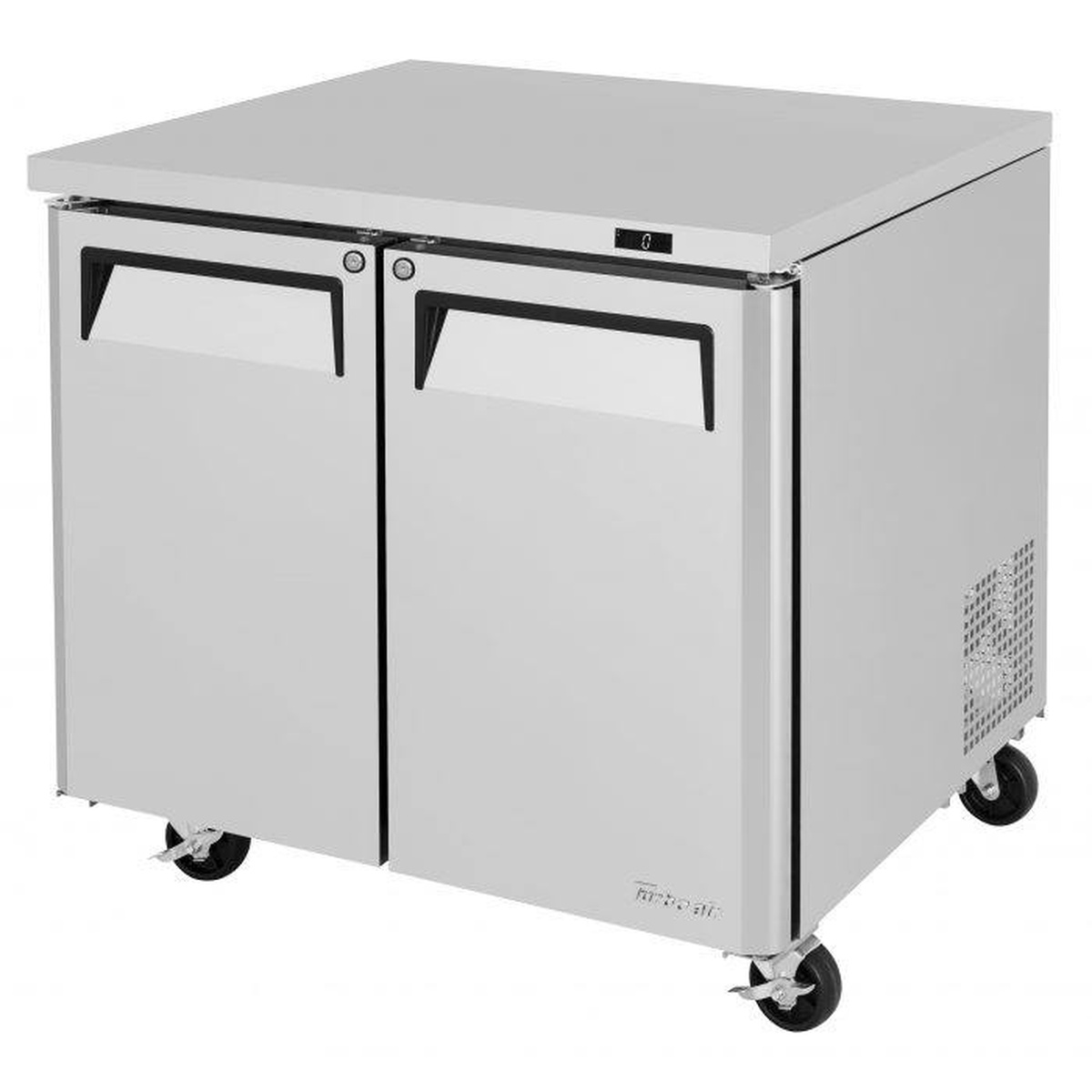 Turbo Air MUF-36-N two-door undercounter freezer with stainless steel exterior and 4-inch swivel casters