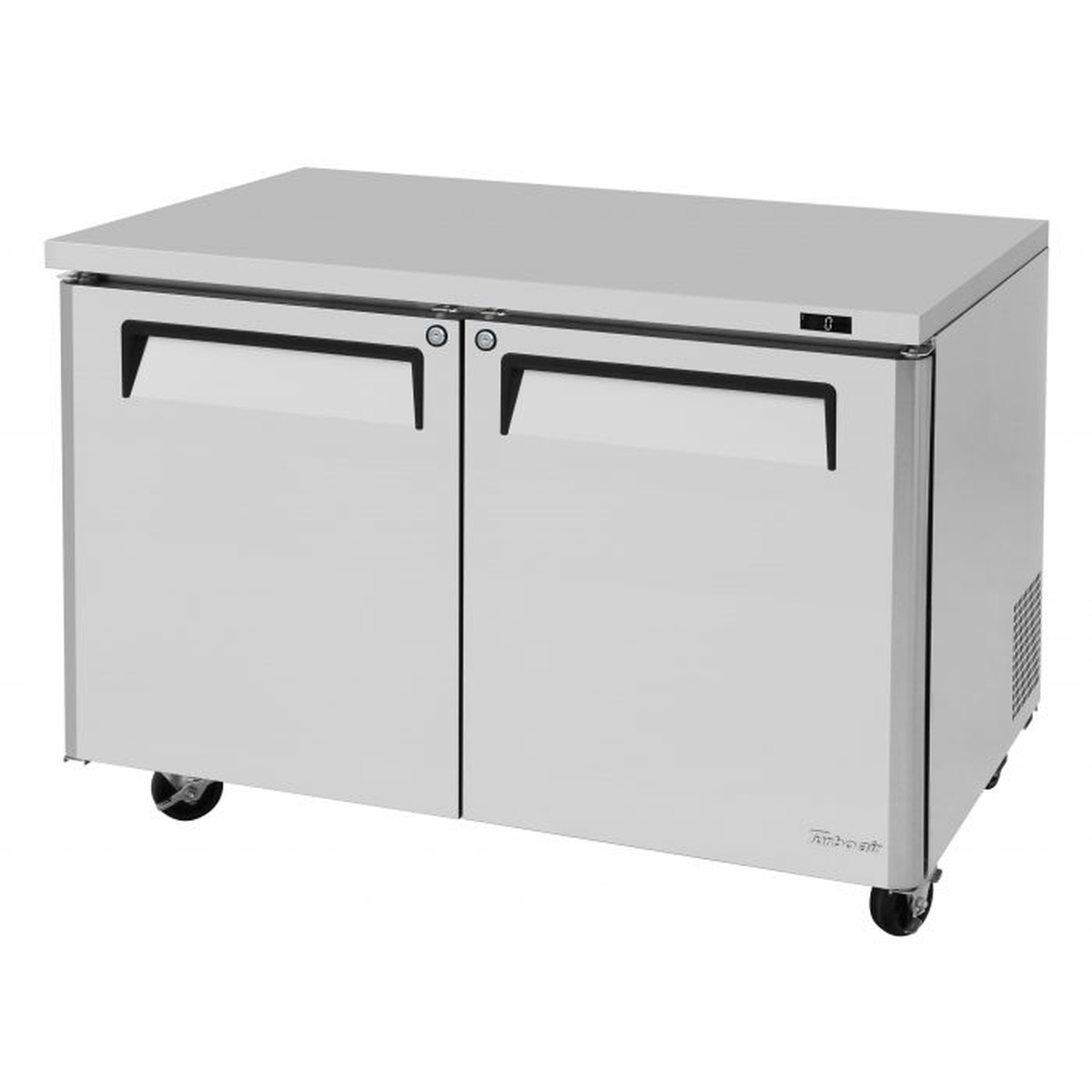 Turbo Air MUF-48-N two-section stainless steel undercounter freezer with dual solid doors and casters