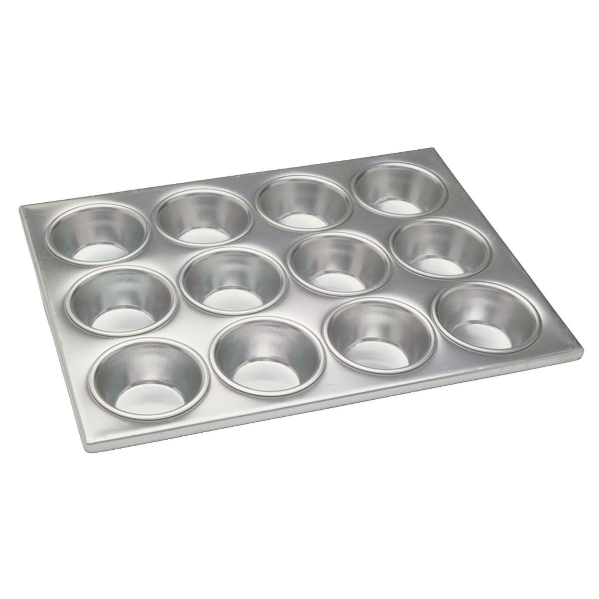 Libertyware MUF12 12-cup uncoated aluminum muffin pan with 2-3/4 inch cups, angled view