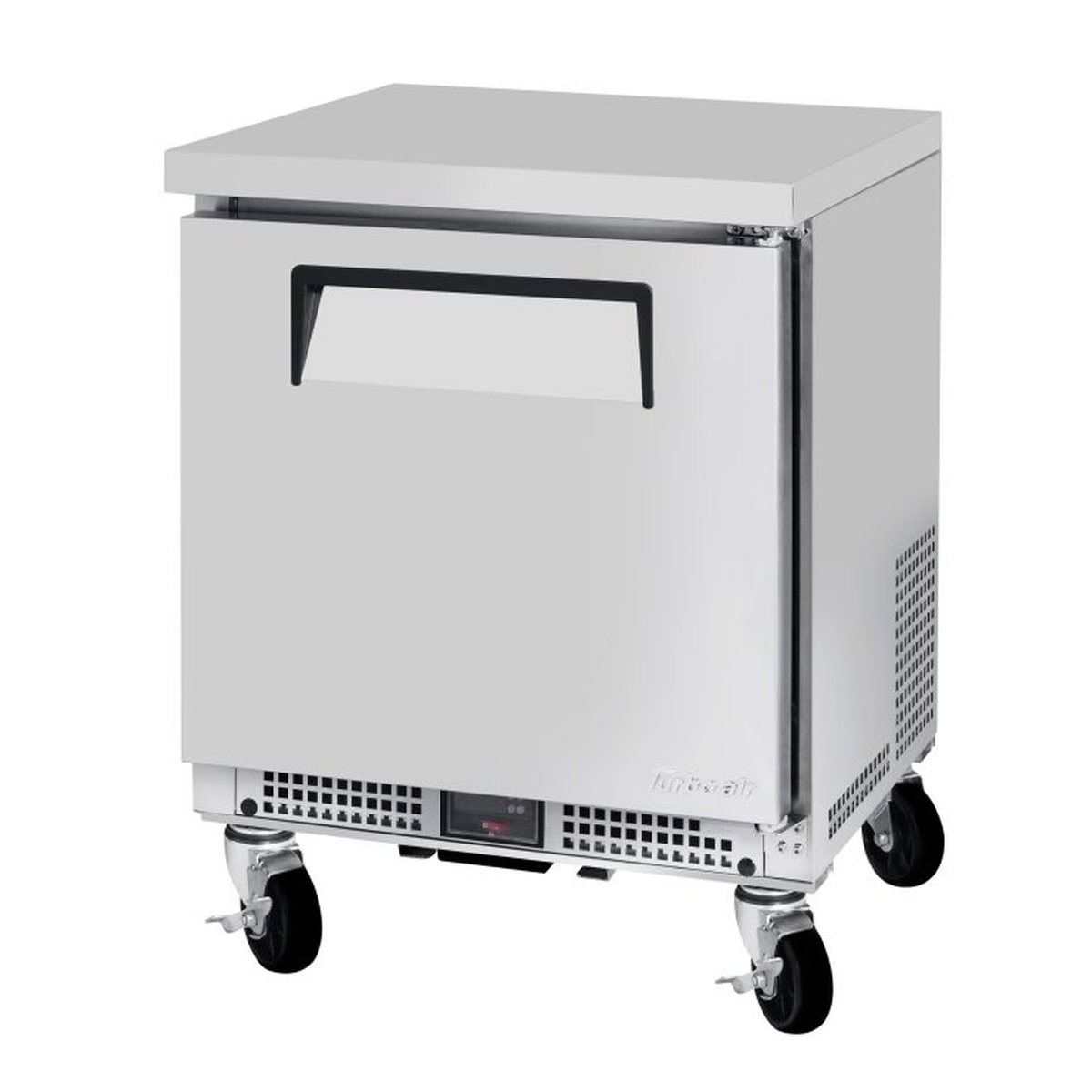 Turbo Air MUR-24S-N6 stainless steel shallow-depth undercounter refrigerator on swivel casters with recessed handle and digital temperature display