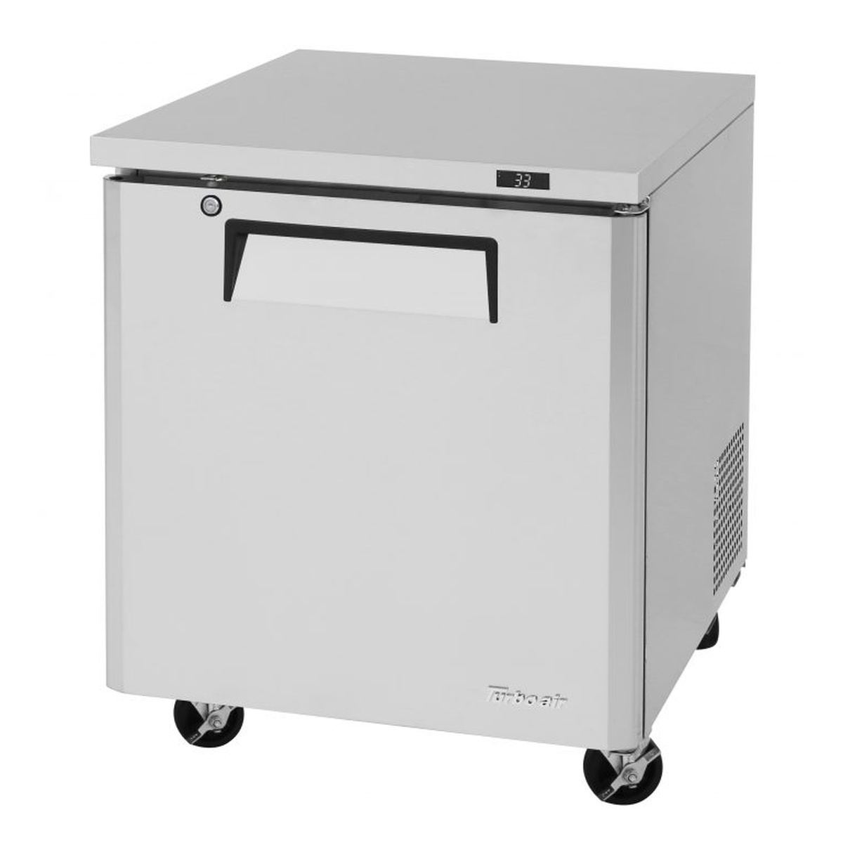 Turbo Air MUR-28-N M3 Series 28-inch stainless steel undercounter refrigerator on swivel casters with recessed handle and digital temperature display