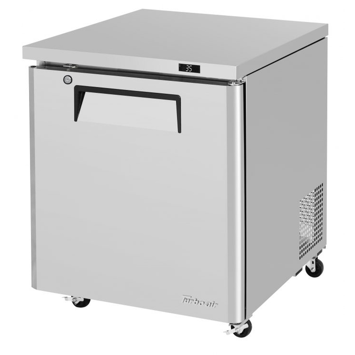 Turbo Air MUR-28L-N6 stainless steel single-door undercounter low boy refrigerator with digital temperature display and swivel casters