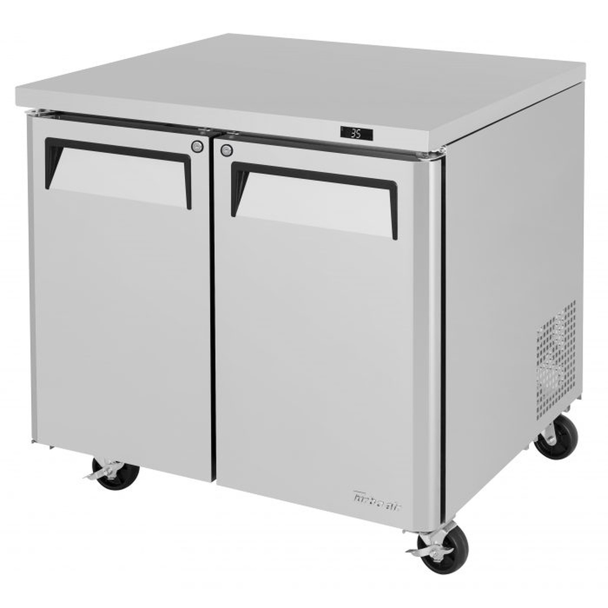 Turbo Air MUR-36-N6 two-section stainless steel undercounter refrigerator with two solid doors, recessed handles, digital temperature display, and 4-inch swivel casters