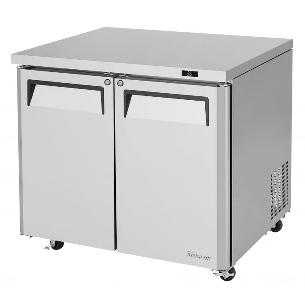 Turbo Air MUR-36L-N6 two-door stainless steel low-boy undercounter refrigerator with digital temperature display and casters