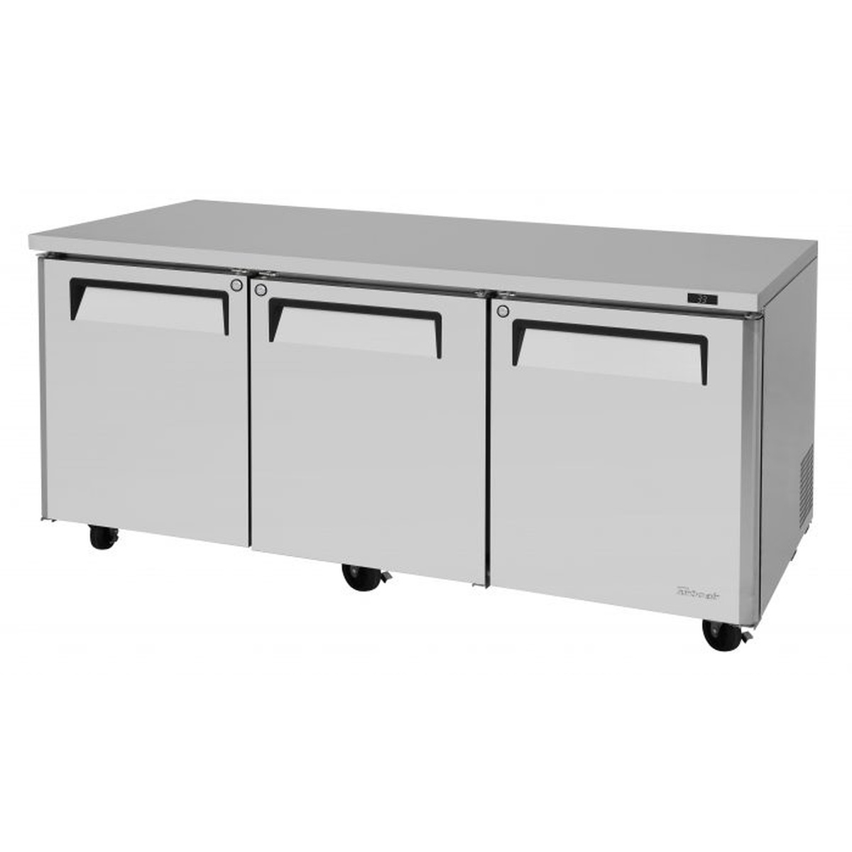 Turbo Air MUR-72-N three-section undercounter refrigerator with stainless steel exterior, three solid swing doors, and casters