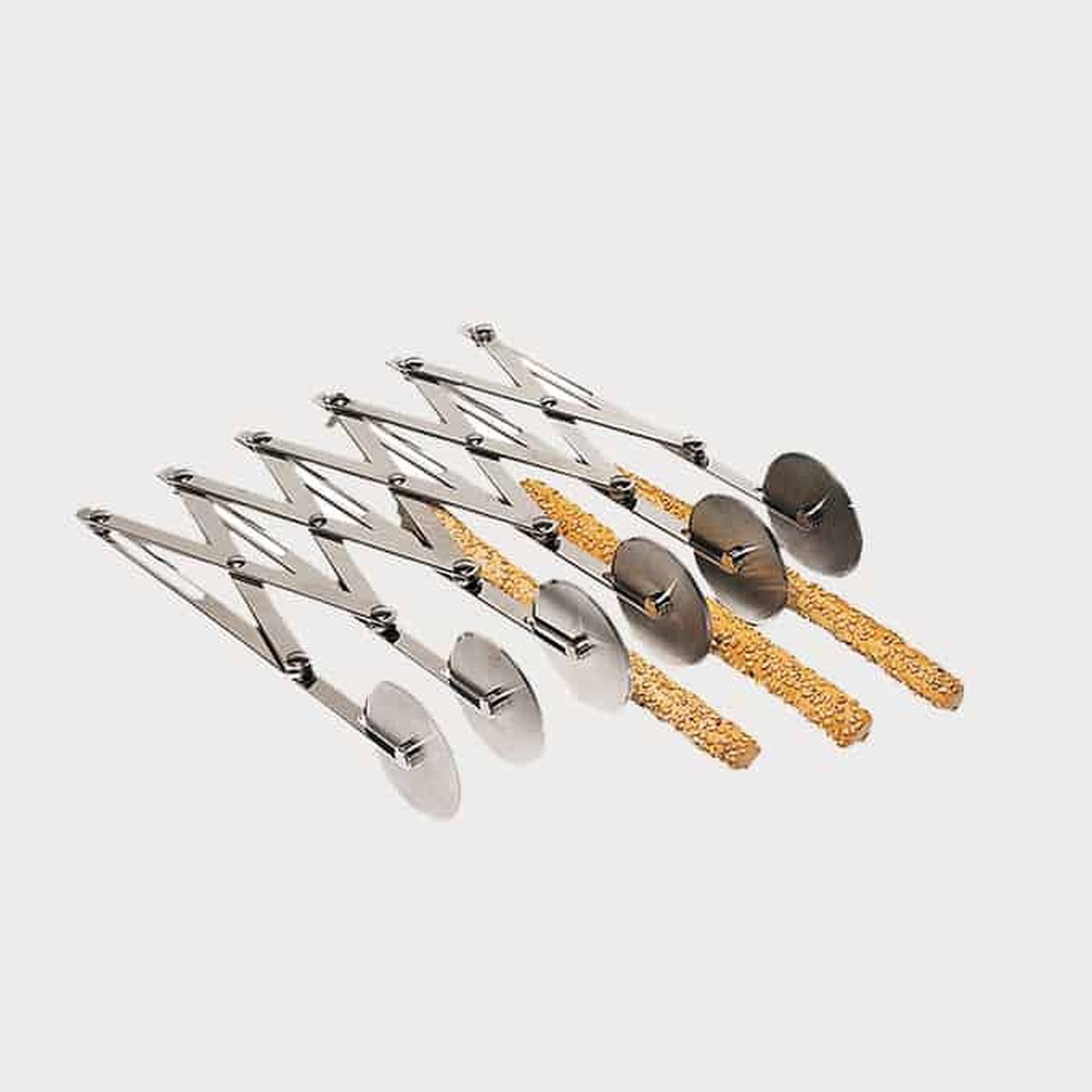 American Metalcraft MWPC6X2 adjustable multi-wheel pastry cutter shown open with six stainless steel wheels