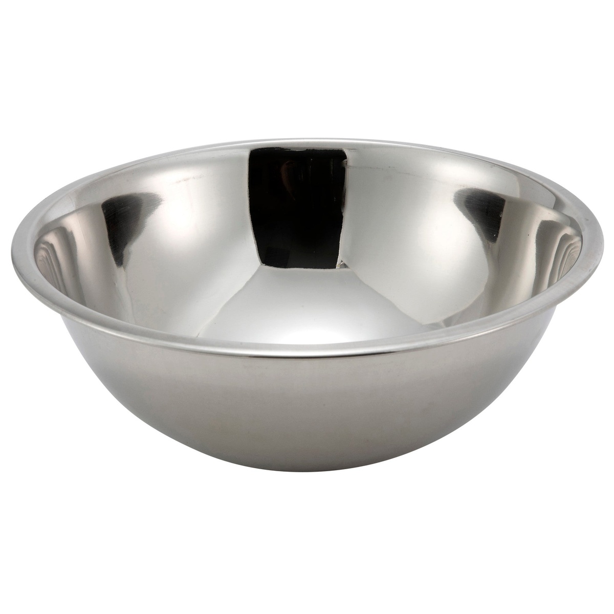 Winco MXB-500Q 5-quart polished stainless steel mixing bowl with wide reinforced rim on white background