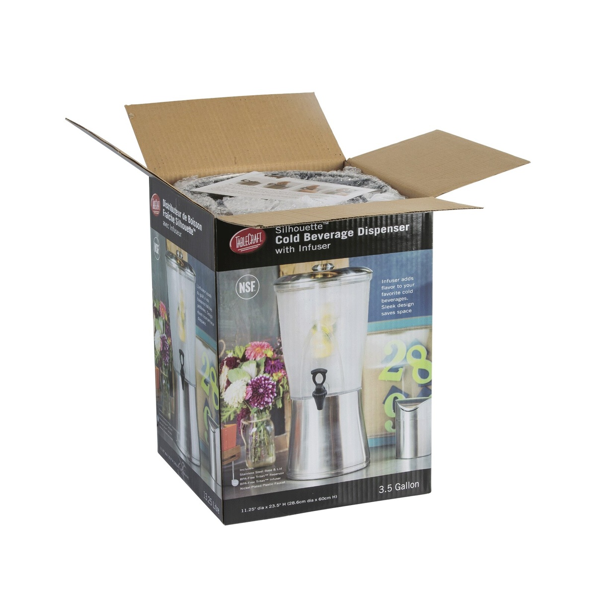 TableCraft N175 Silhouette Beverage Dispenser shown unboxed from its retail packaging, revealing protected components inside