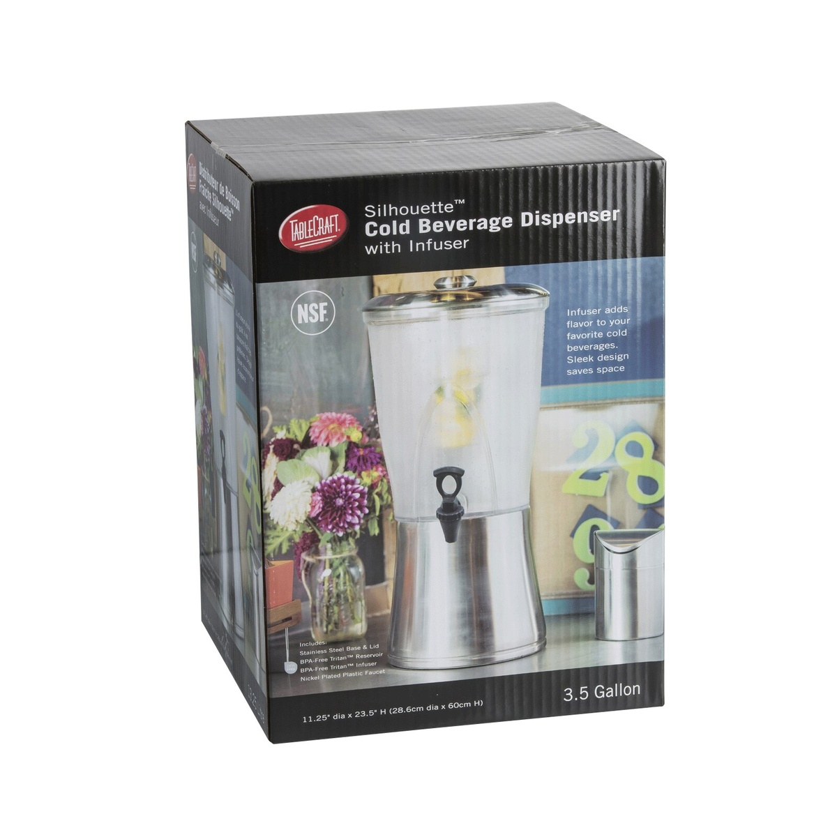 TableCraft Silhouette Cold Beverage Dispenser packaging box front, showing NSF certification, 3.5 gallon size, and included components