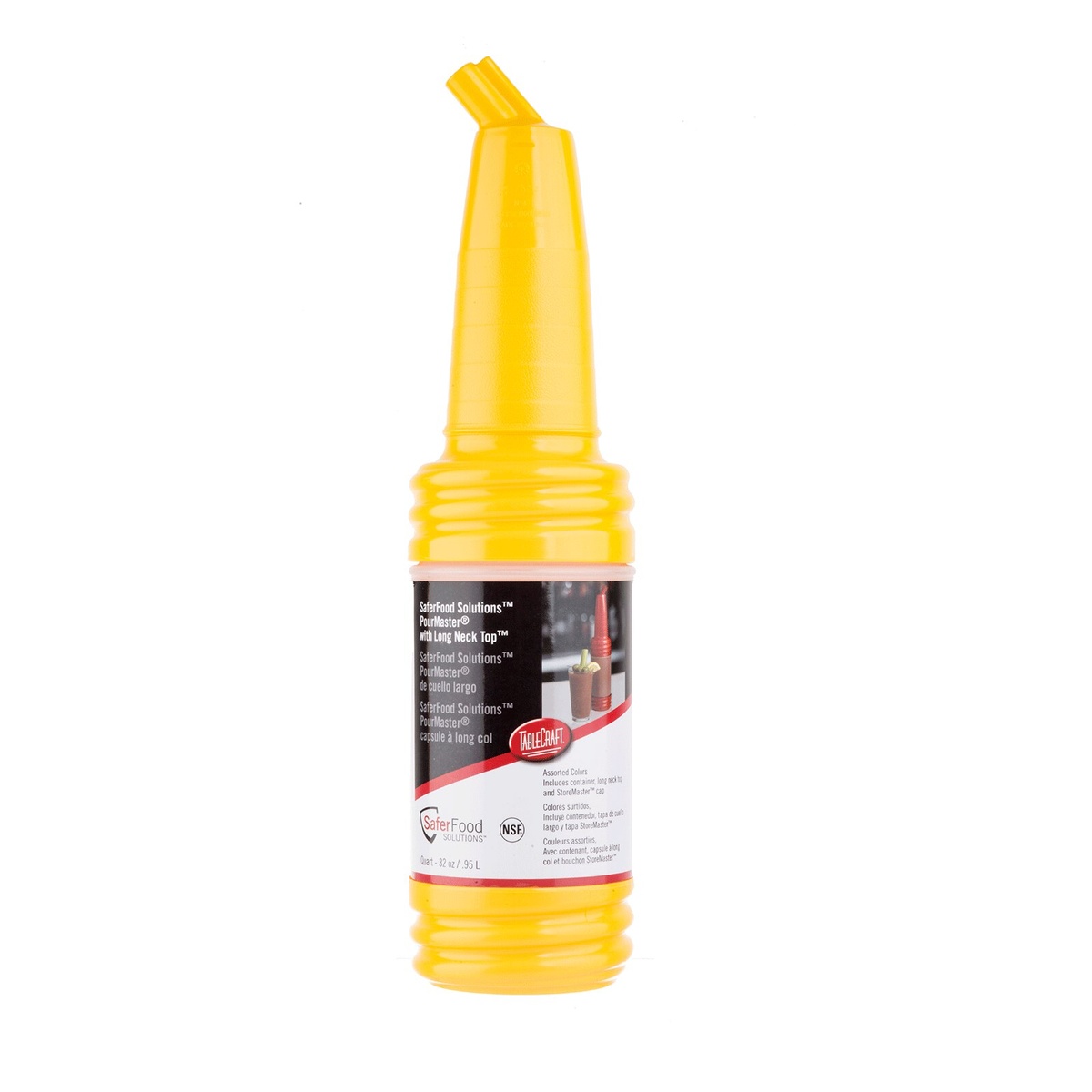 Single yellow TableCraft PourMaster bottle with long neck top showing SaferFood Solutions and NSF badge on label