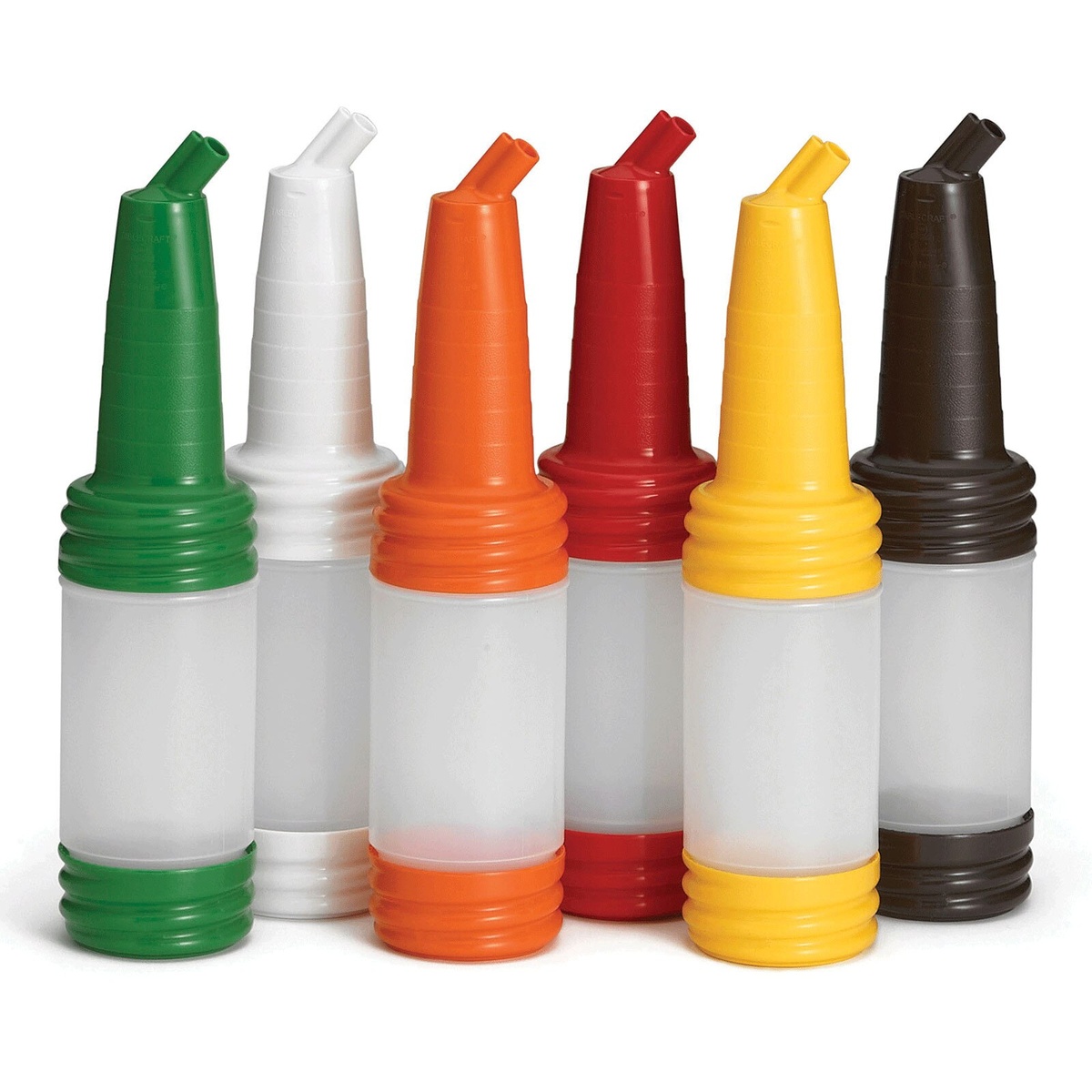 Six TableCraft PourMaster bottles in green, white, orange, red, yellow, and brown on white background