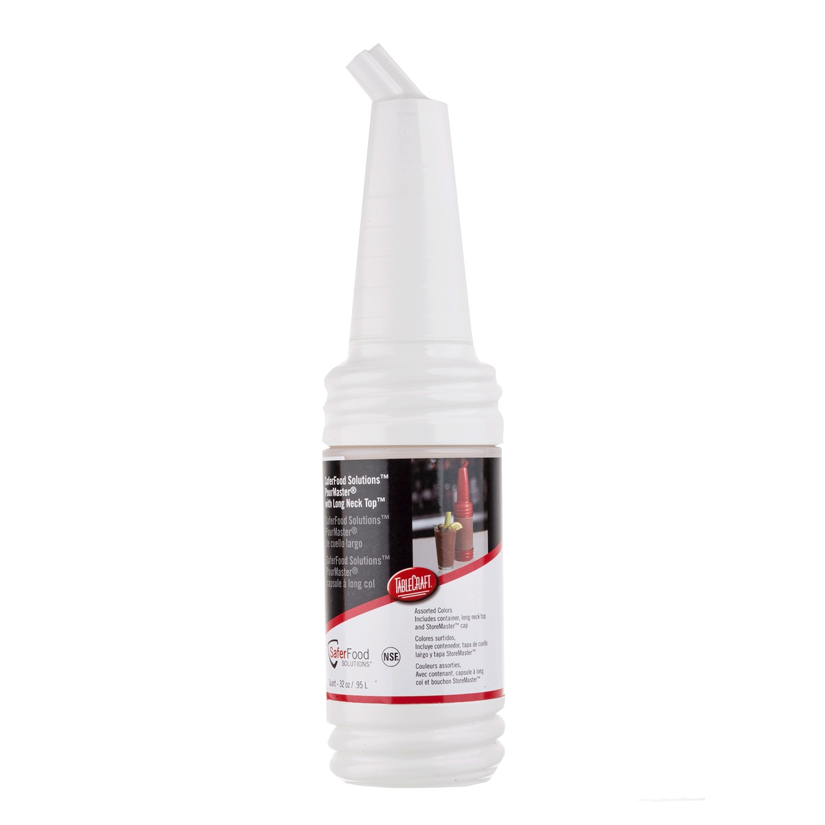 Single white TableCraft PourMaster bottle with long neck top and StoreMaster cap, showing product label