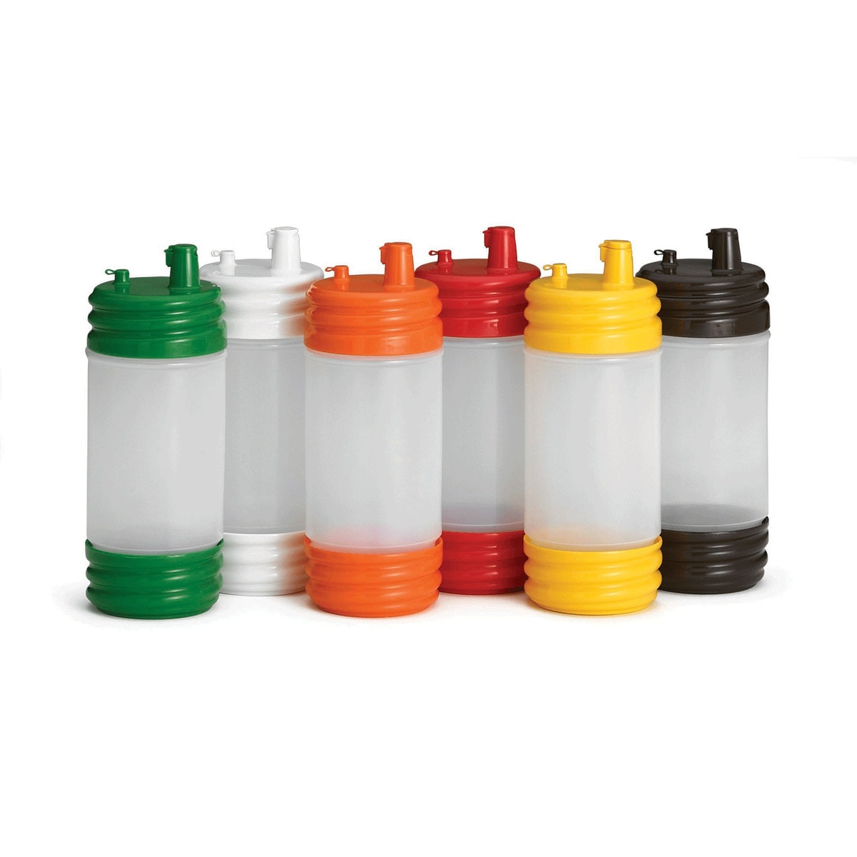 Six PourMaster 1 qt bottles with assorted color-coded low-profile tops and matching base rings: green, white, orange, red, yellow, and brown