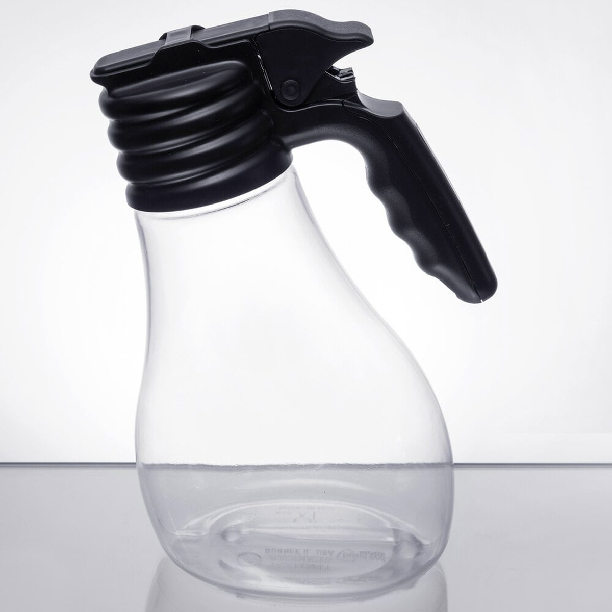 TableCraft N48 48 oz clear Tritan dispenser bottle with black screw-top lid and ergonomic handle