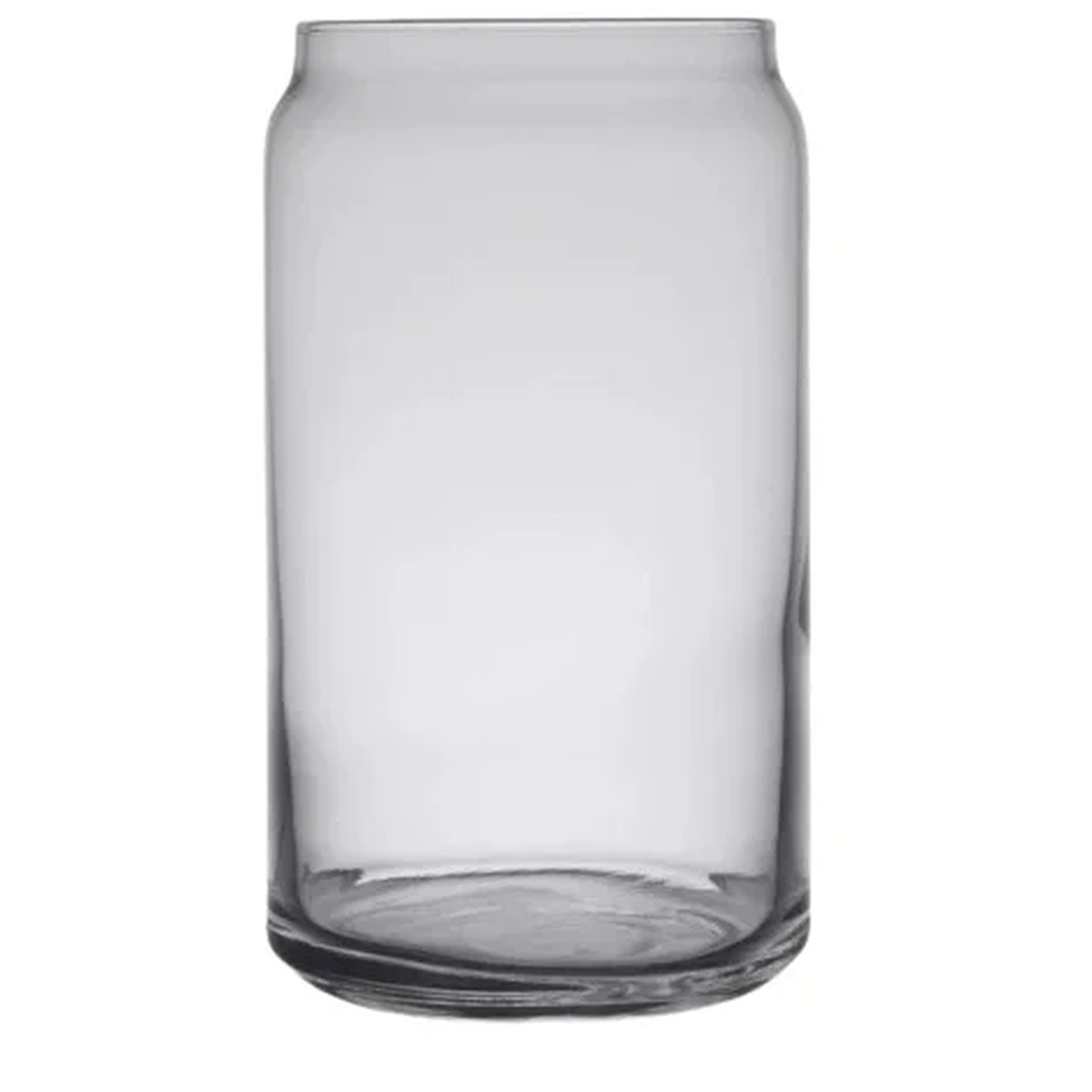 Enhanced 16 oz clear can-shaped drinking glass with smooth cylindrical body and wide mouth