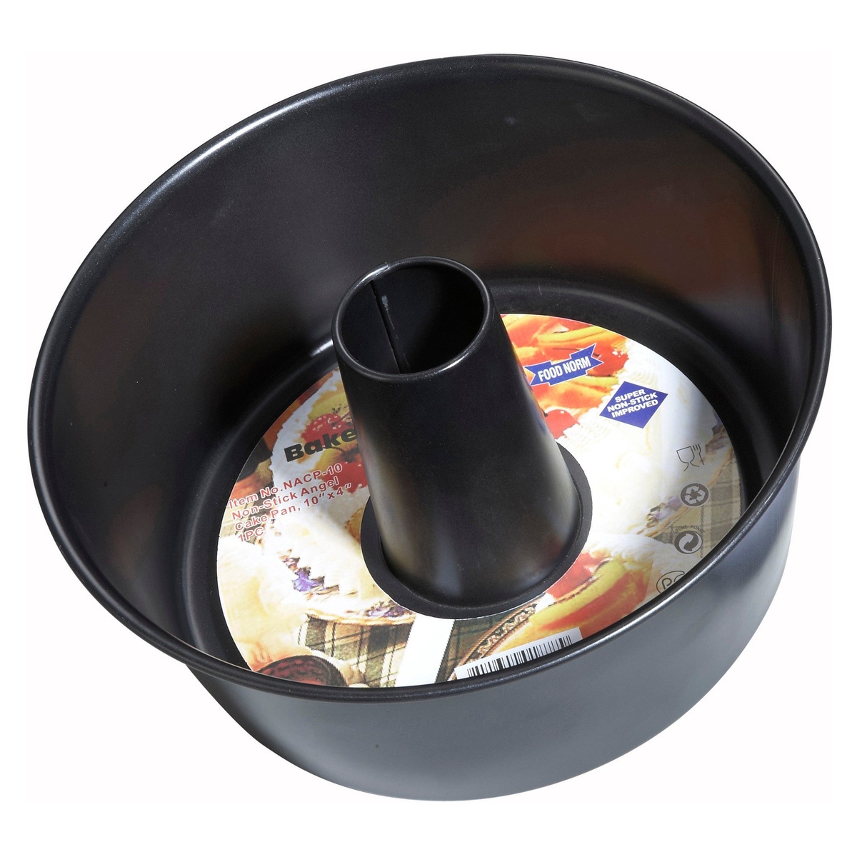 Winco NACP-10 black non-stick angel food cake pan with high center tube, viewed from above