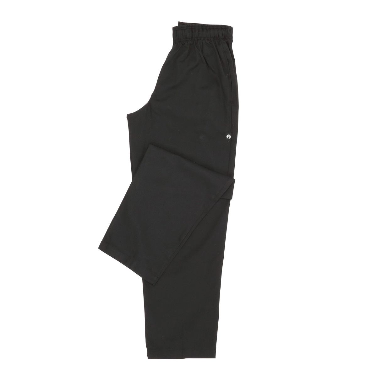 Chef Works Essential Baggy Chef Pants in black, folded to show elastic waistband and overall construction