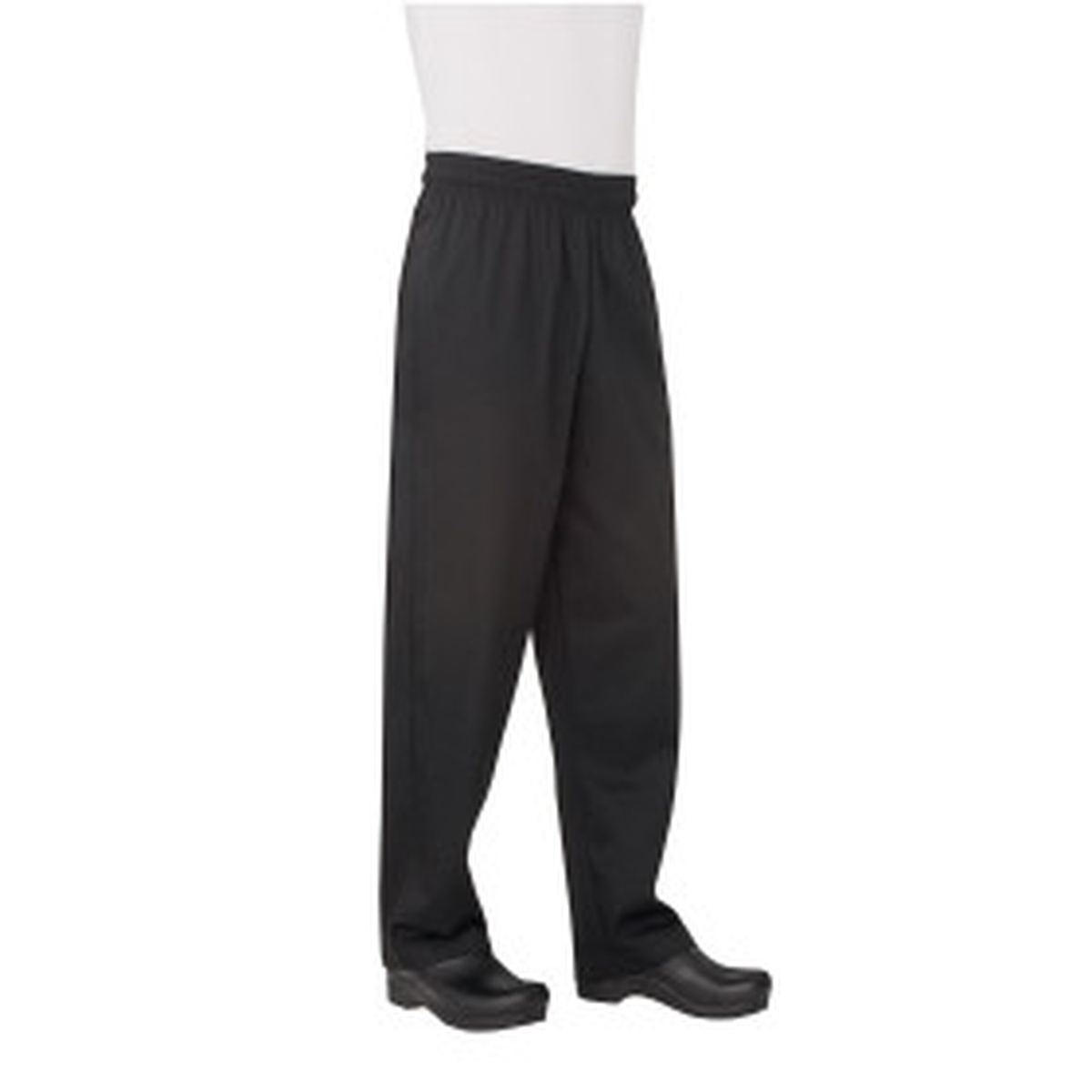 Chef Works Essential Baggy Pants in black with tapered legs and elastic waistband