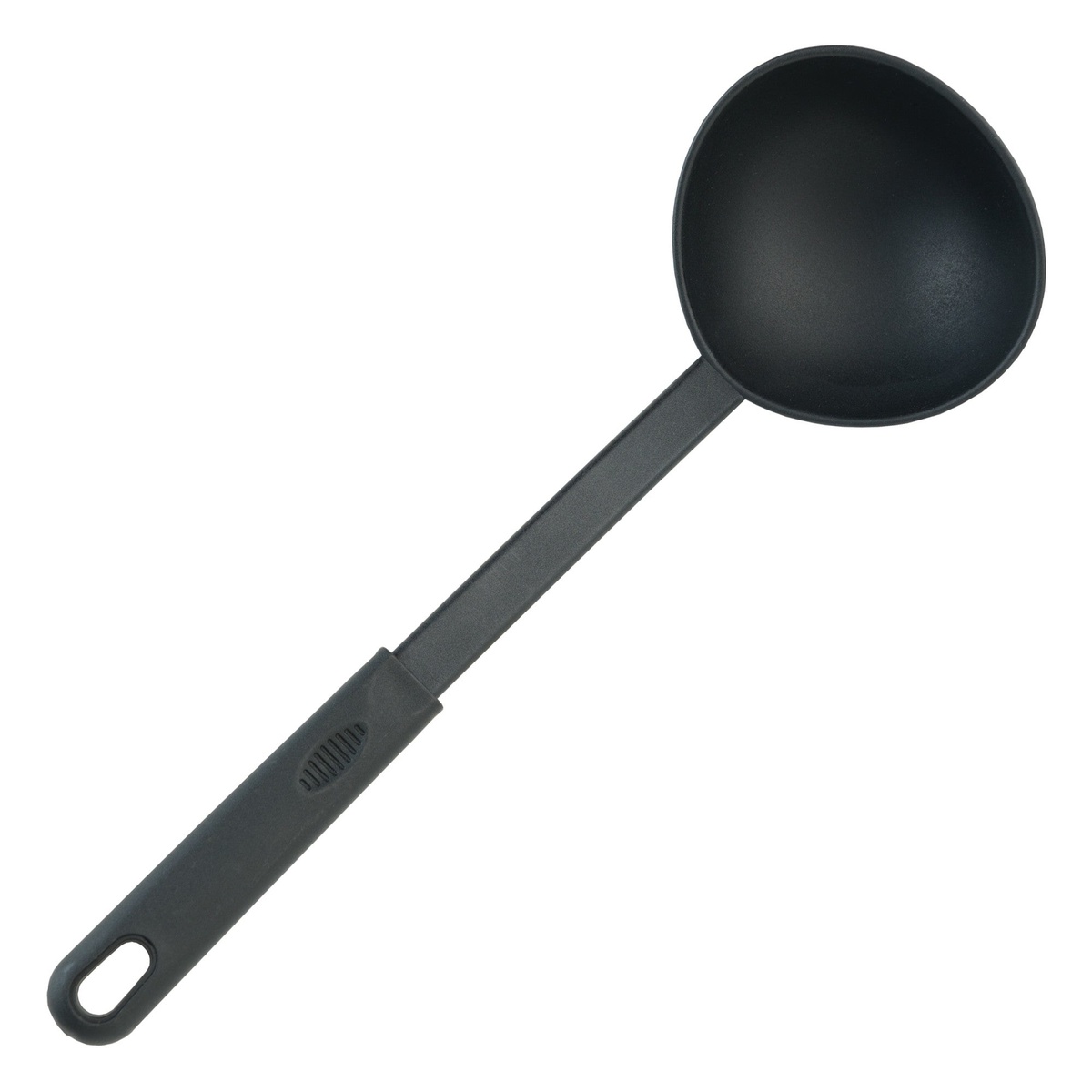 Winco NC-LD black nylon serving ladle with deep rounded bowl and long flat handle with hanging loop