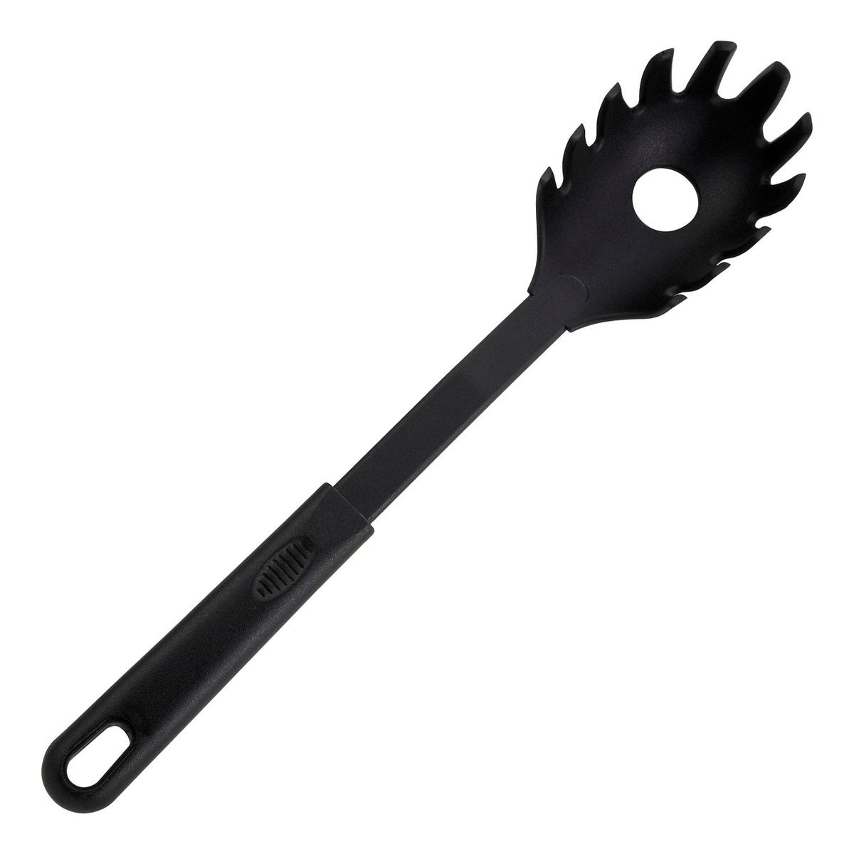 Winco NC-PS1 black nylon pasta fork with slotted prongs and hanging hole on handle
