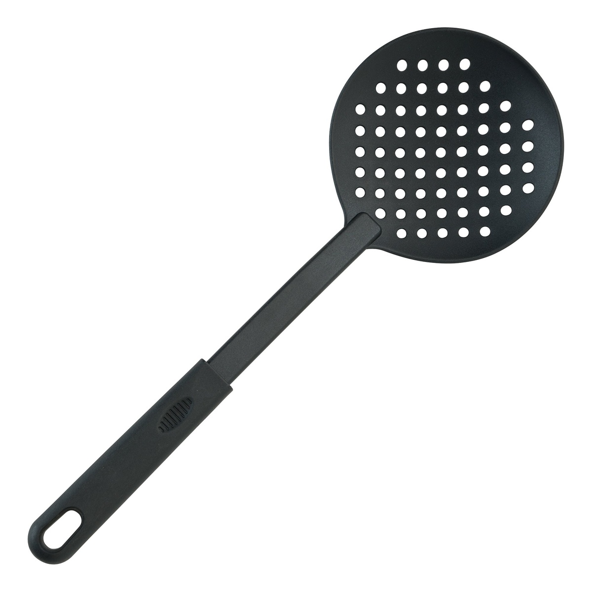 Winco NC-SK black nylon skimmer with round perforated bowl and long handle with hanging hole