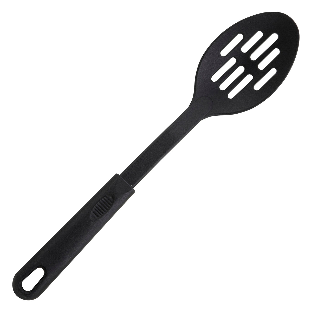 Winco NC-SL2 12-inch black nylon slotted spoon with textured grip handle and hanging hole
