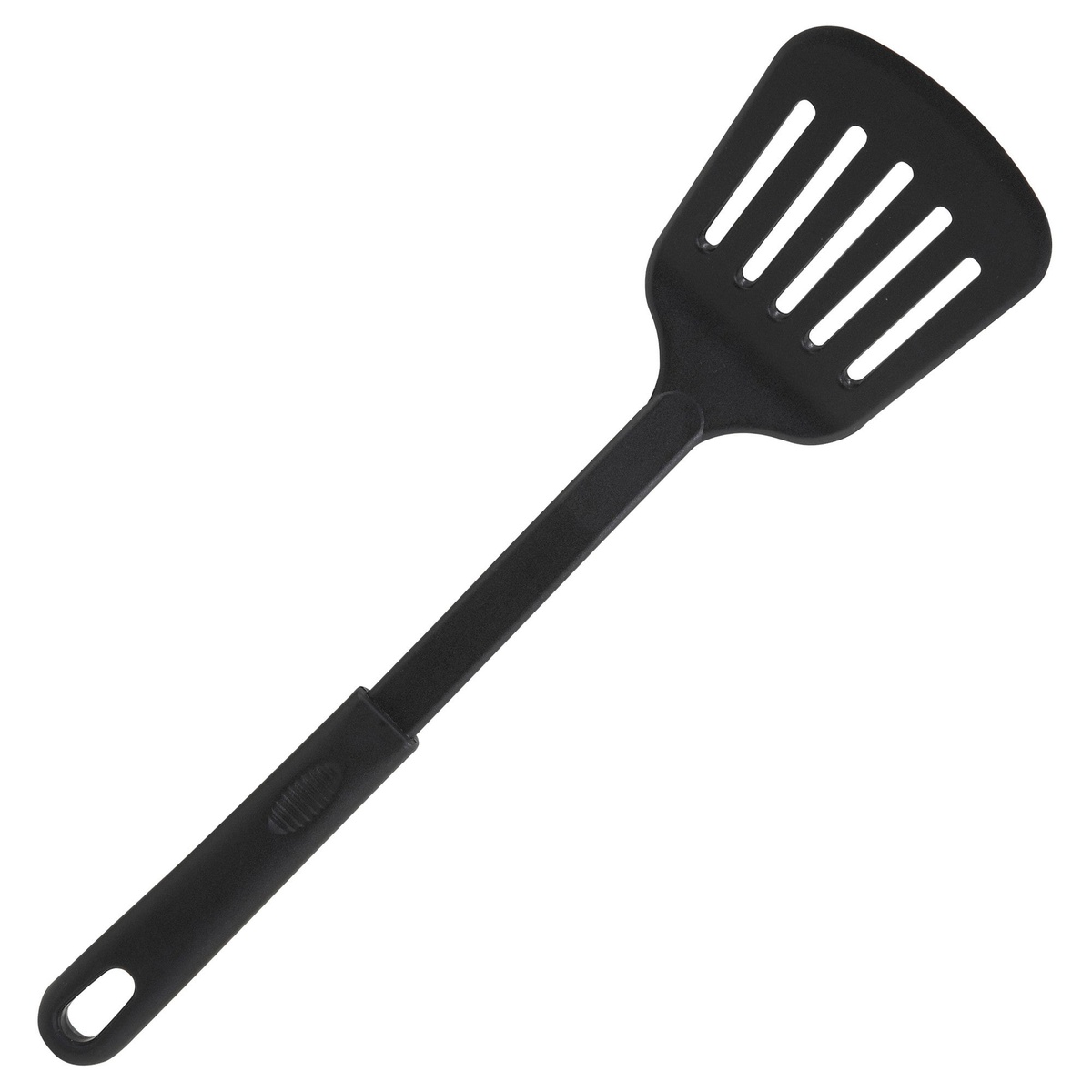 Winco NC-WS black nylon slotted spatula with wide blade and hanging loop handle on white background