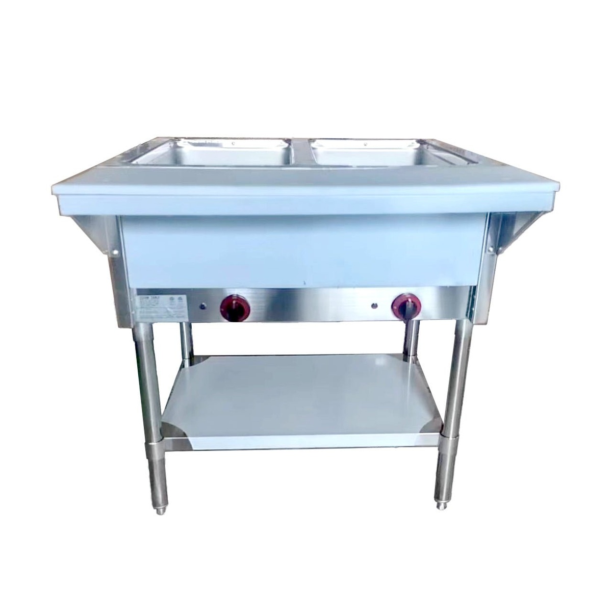Enhanced NH-2-NAT-SS 2-well natural gas steam table with stainless steel legs, undershelf, and dual red control knobs