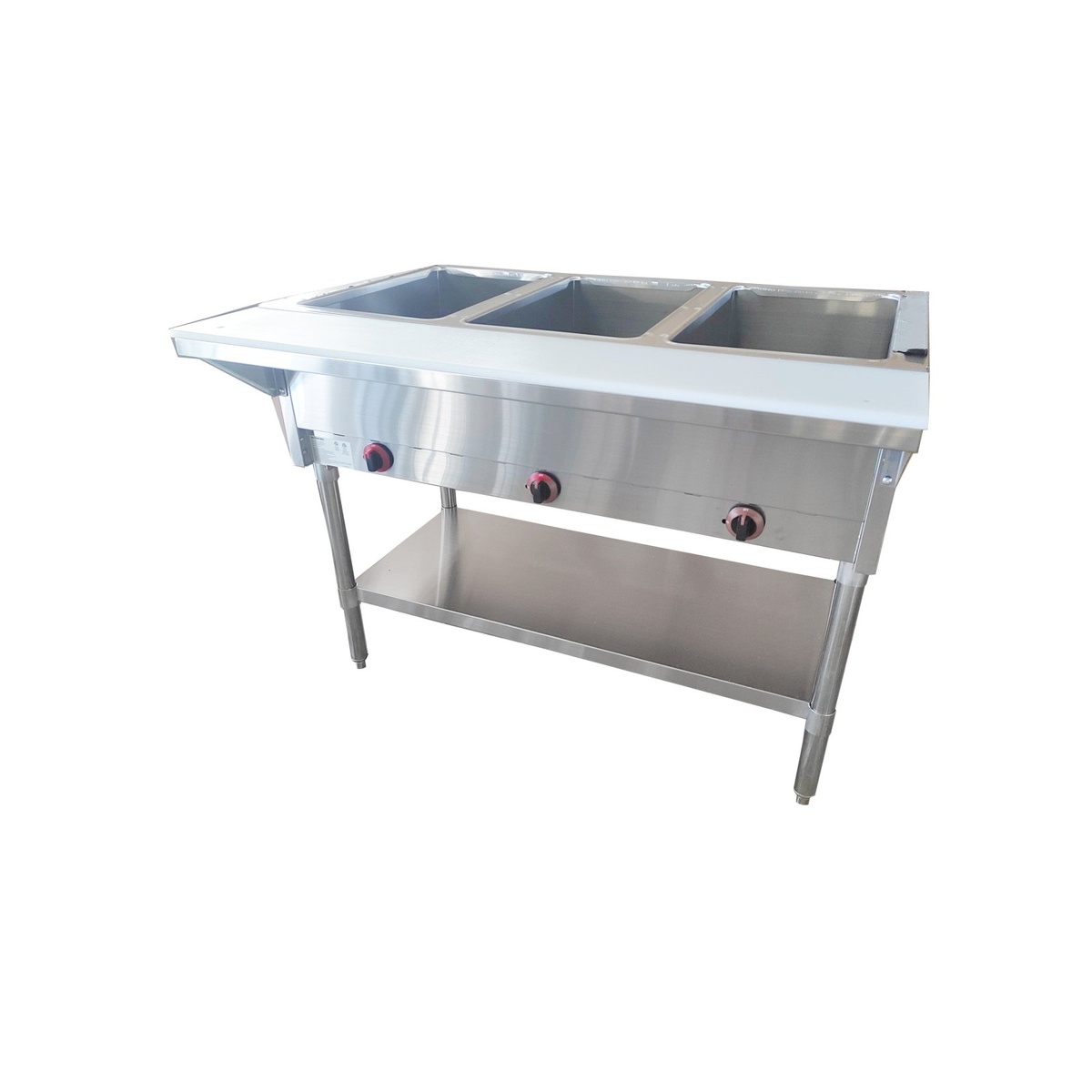Enhanced NH-3-LP-SS stainless steel steam table with 3 open wells, LP gas knobs, and undershelf