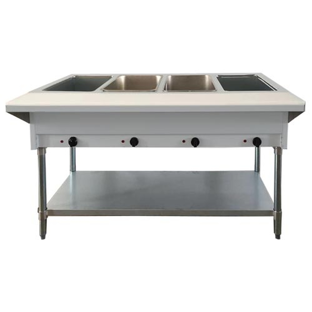 Enhanced Stainless Steel NH-4-240-SS 4-well electric steam table with undershelf, front view
