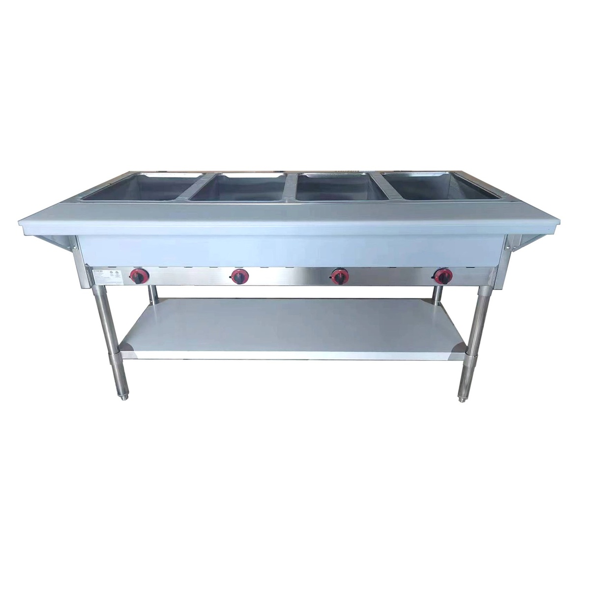 Enhanced Stainless Steel NH-4-LP-SS 4-well LP gas steam table with undershelf, front view