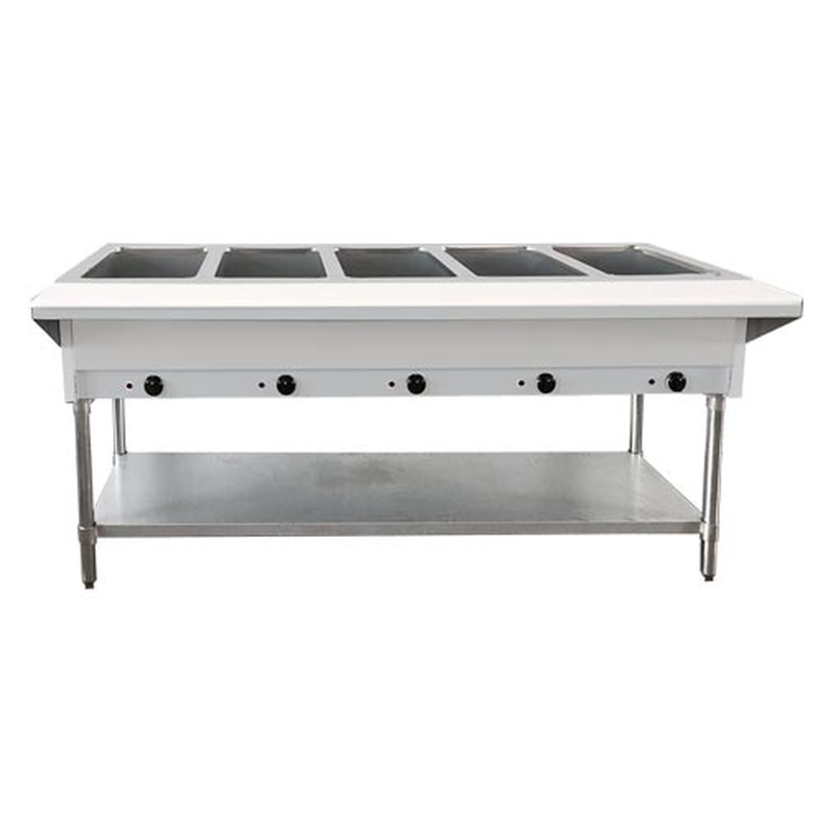 Enhanced NH-5-240-SS five-well electric steam table with stainless steel body, individual well controls, and stainless undershelf