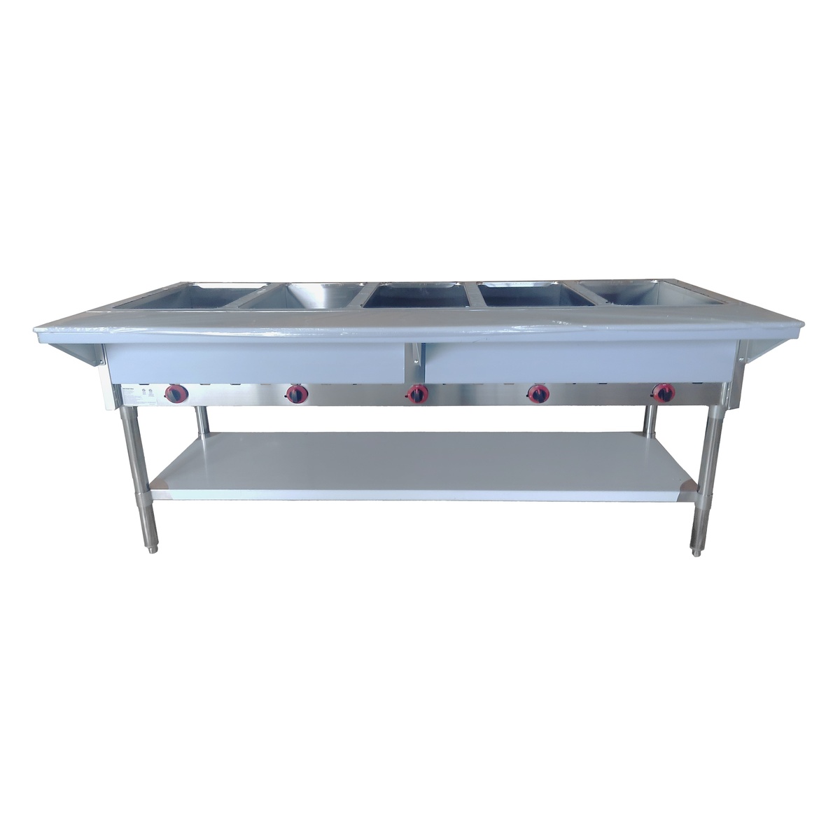 Enhanced Stainless Steel NH-5-NAT-SS 5-well natural gas steam table with red knob controls and undershelf