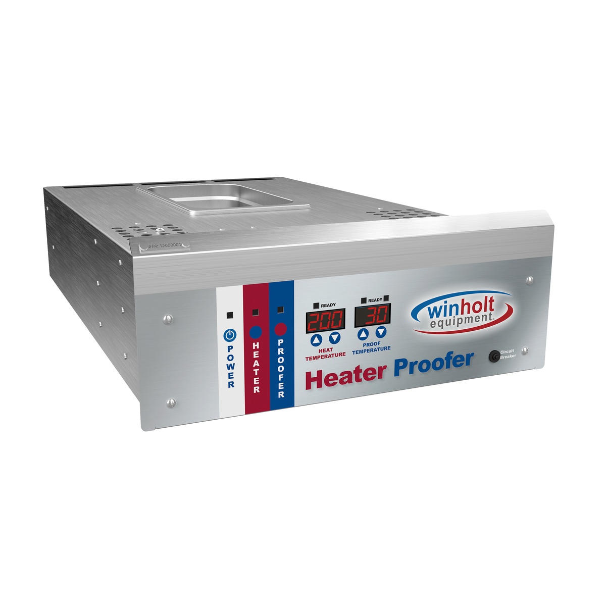 Winholt digital control drawer close-up showing heat temperature, proof temperature LED displays, power switch, heater and proofer controls, and circuit breaker