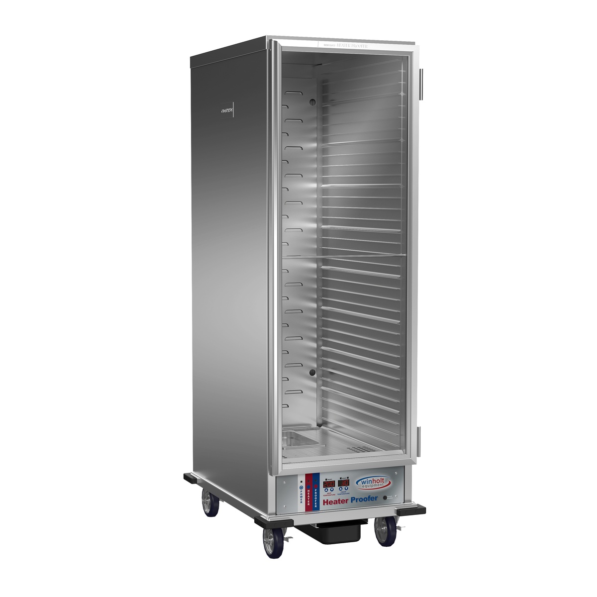 Winholt NHPL-1825-UNC-DGT full-height non-insulated heater proofer cabinet with clear door, chrome pan slides, and polyurethane casters