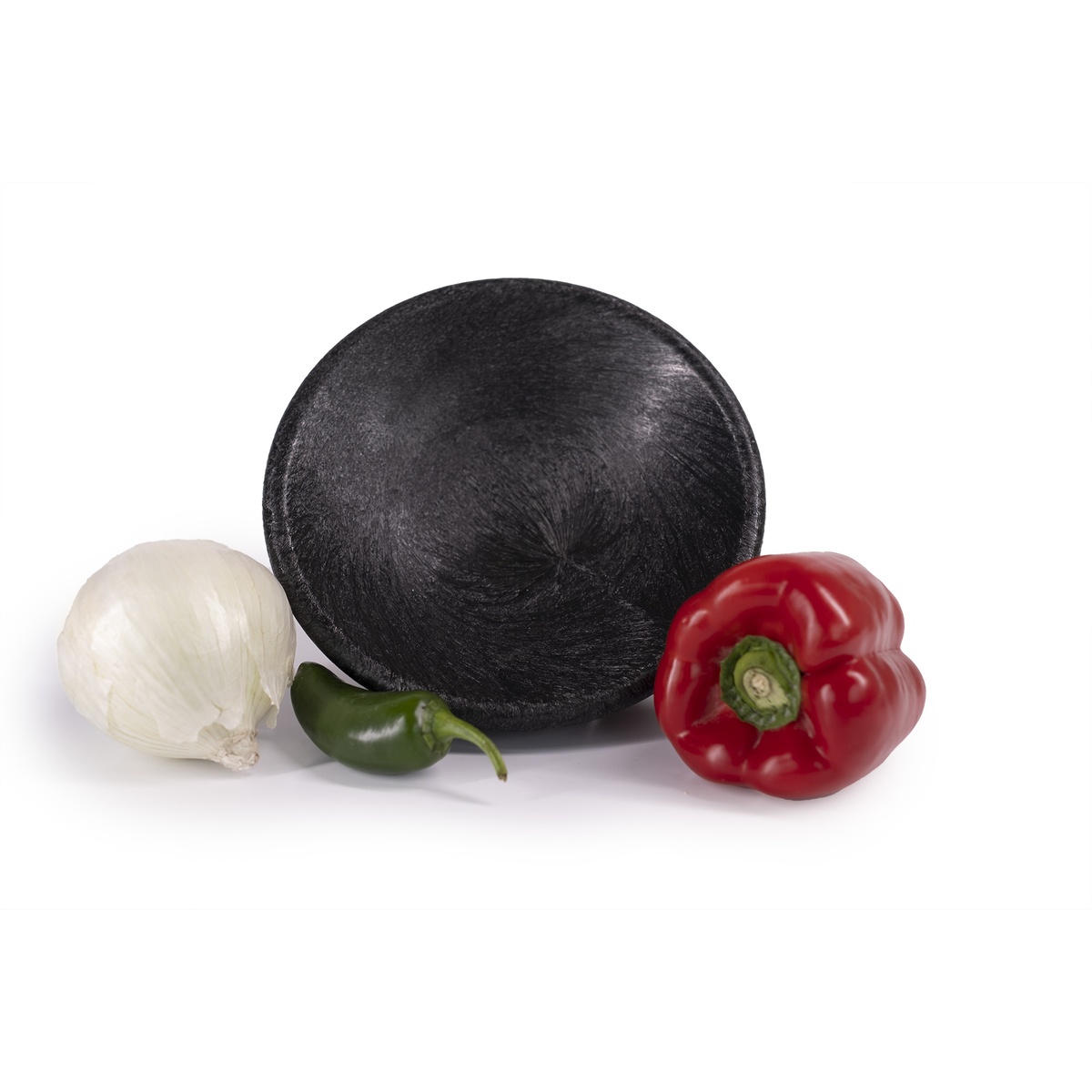 HS Inc. NHS1005-CH charcoal polypropylene grande molcajete bowl shown with garlic, jalapeño, and red bell pepper
