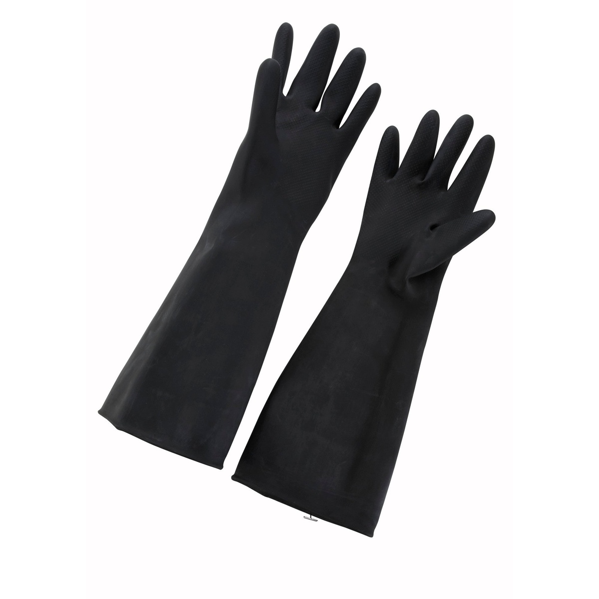Winco NLG-1018 large black natural latex gloves, 18-inch length, shown as a pair on white background