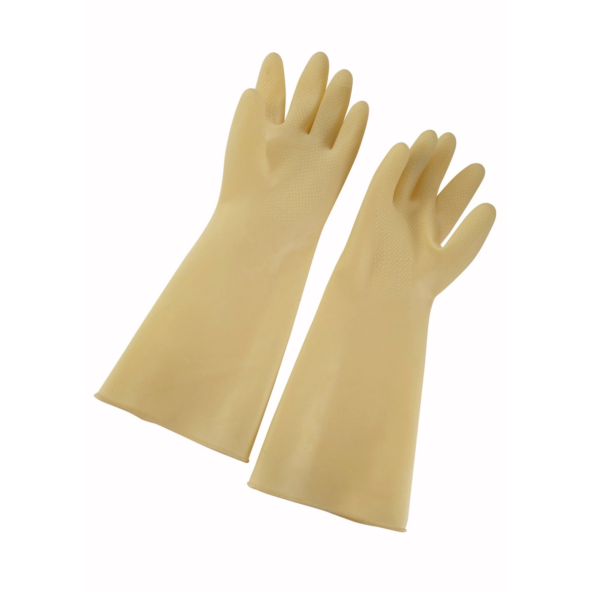 Winco NLG-816 small yellow natural latex dishwashing gloves, full pair displayed showing long arm coverage