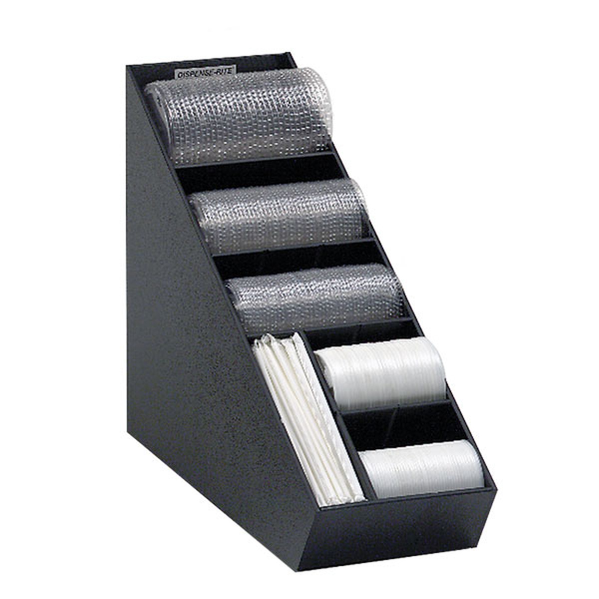 Dispense-Rite NLO-1B organizer shown stocked with stacked plastic cup lids and straws in tiered black compartments