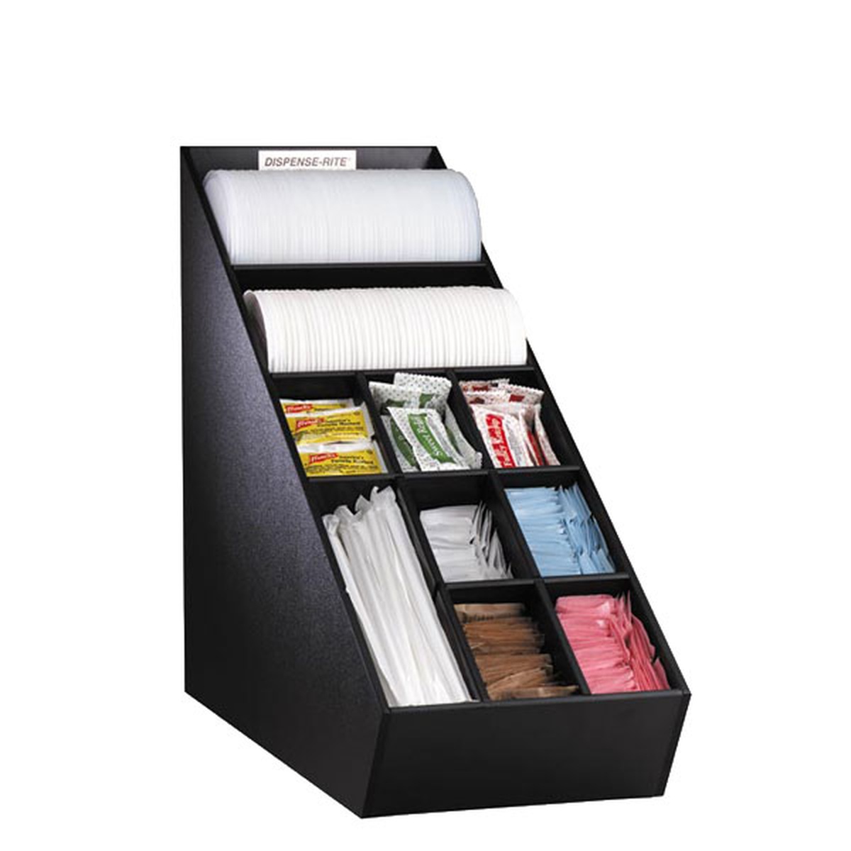 Dispense-Rite NLO-1B black polystyrene countertop organizer loaded with lids, straws, and packeted condiments