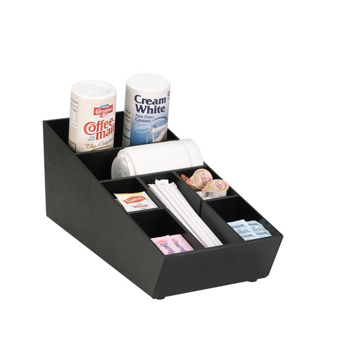 Dispense-Rite NLO-STK-1BT black polystyrene countertop organizer holding condiment containers, straws, sugar packets, and creamers