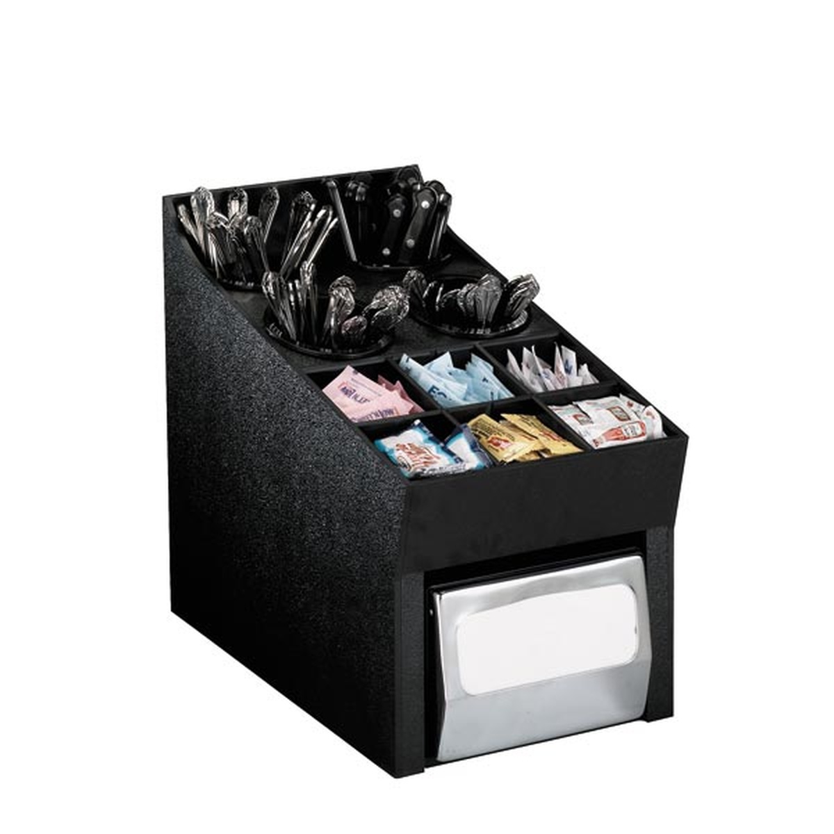 Dispense-Rite NLO-SWNH black polystyrene countertop organizer loaded with flatware, condiment packets, and napkins