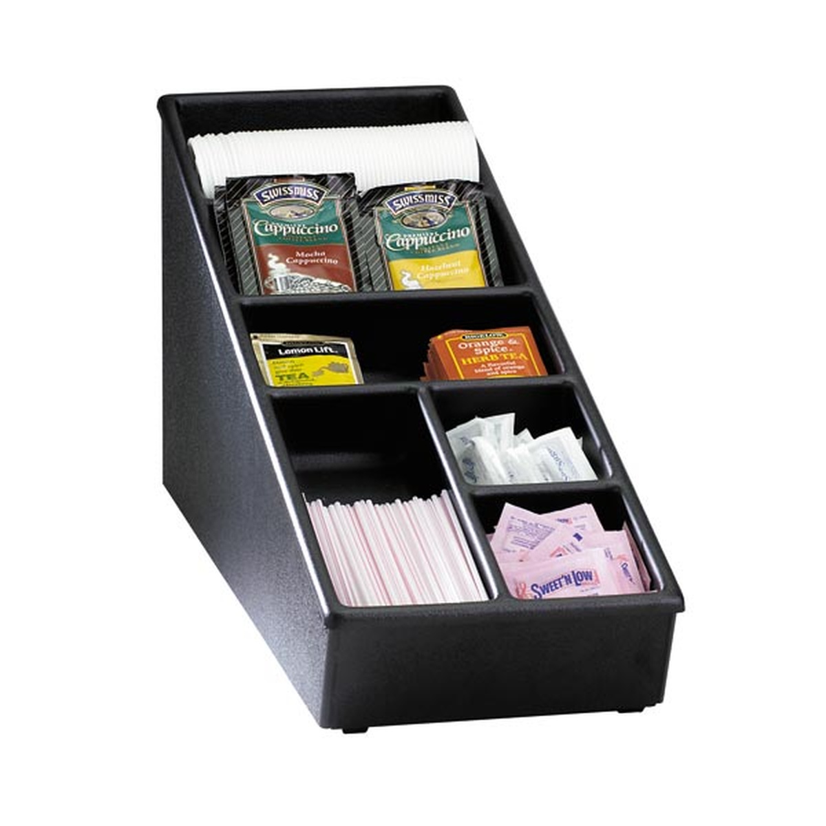 Dispense-Rite NLS-1BT black countertop organizer filled with condiment packets, straws, and beverage items in multiple compartments