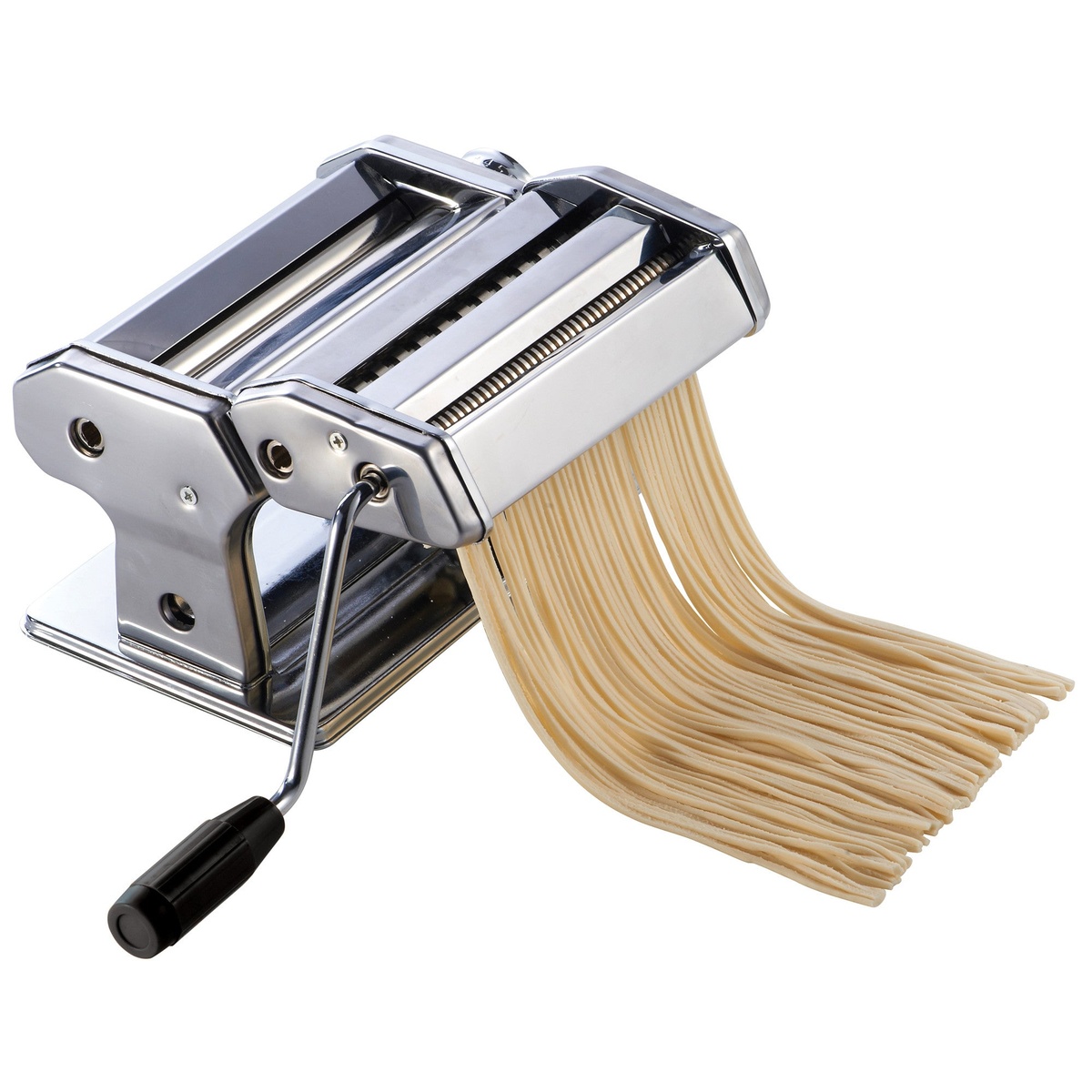 Winco NPM-7 manual pasta maker with fresh spaghetti noodles being cut through the detachable attachment
