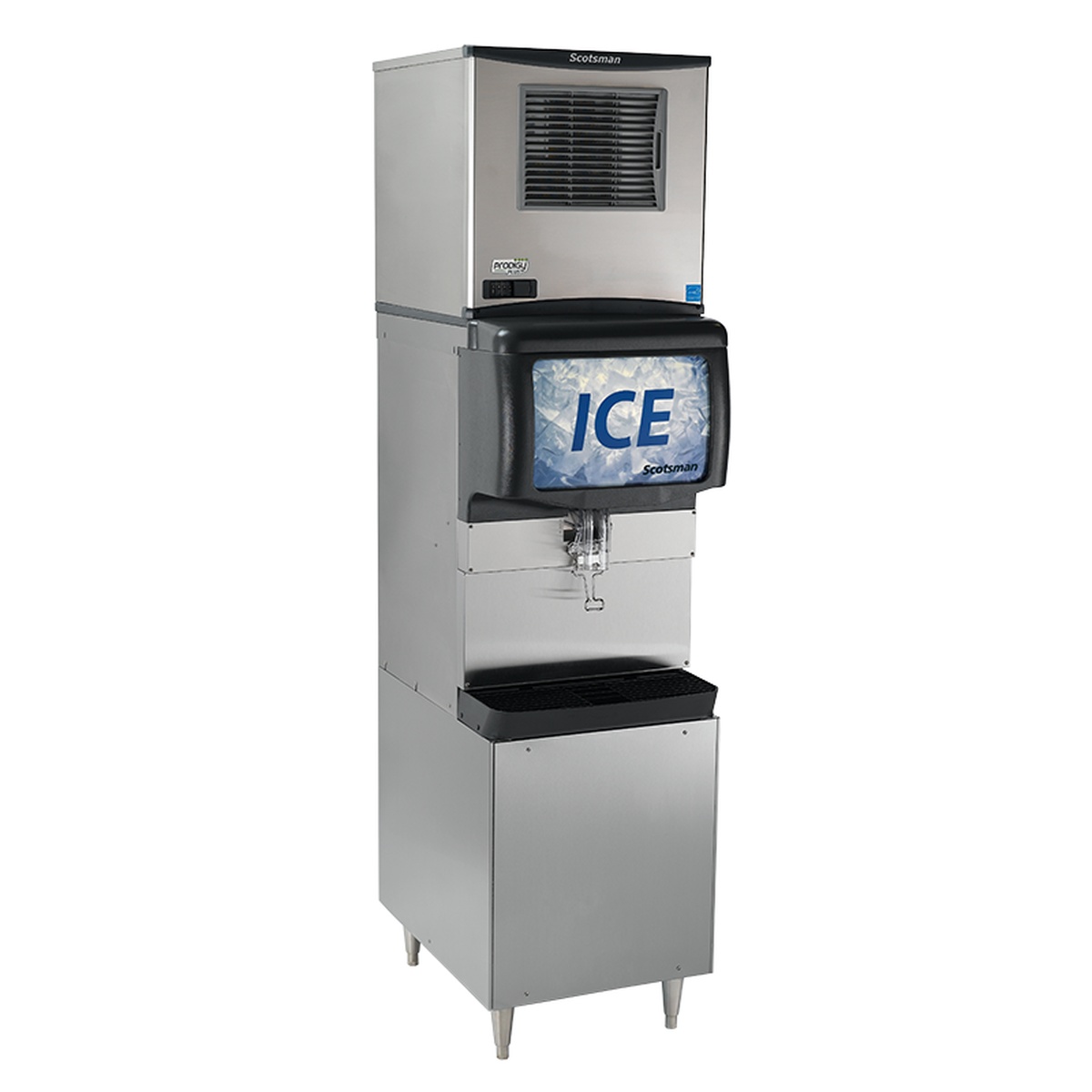 Scotsman NS0422A-1 Prodigy Plus nugget ice machine head shown stacked on an ice dispenser and storage bin