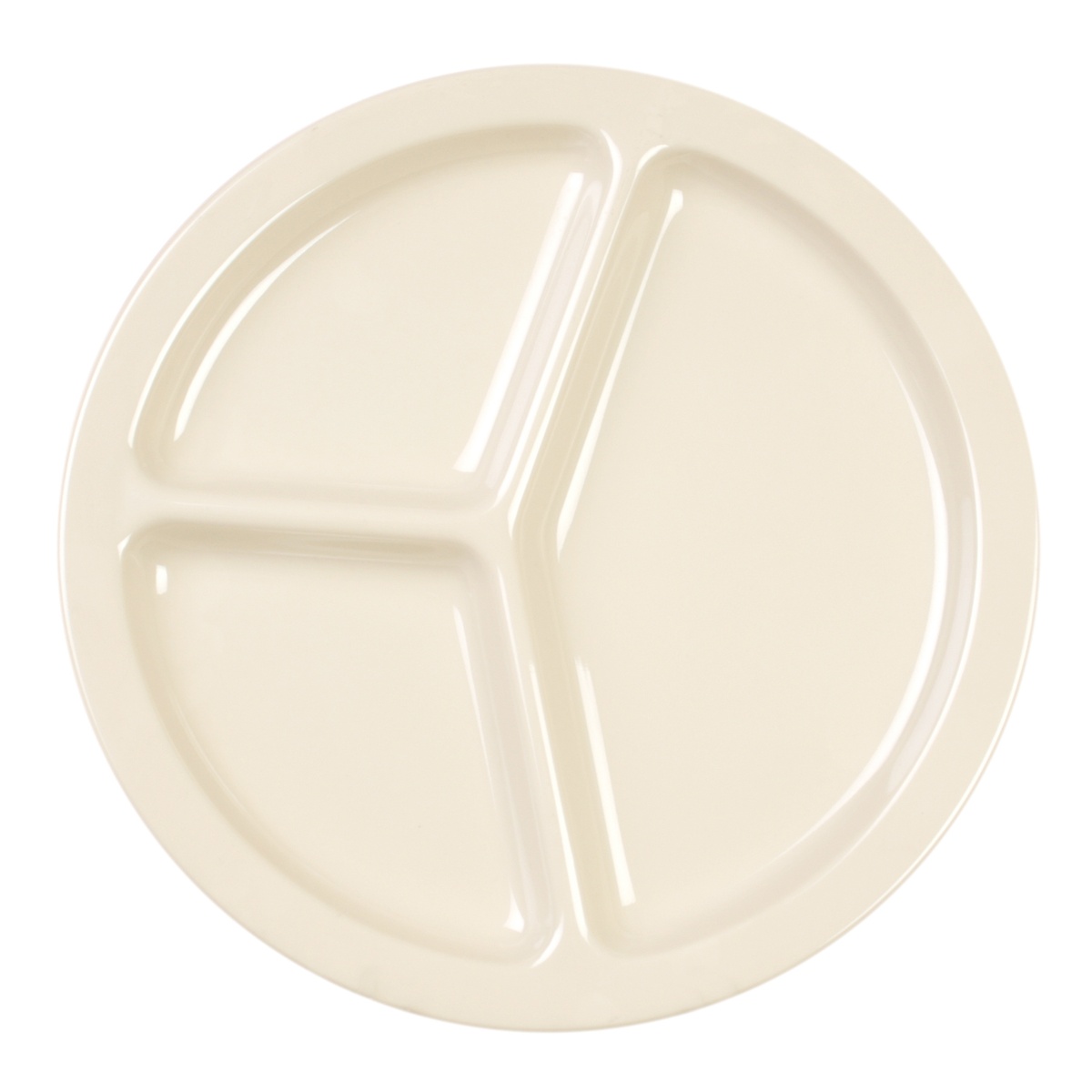 Thunder Group NS702T tan melamine compartment plate, slightly elevated angle showing rim and compartment dividers