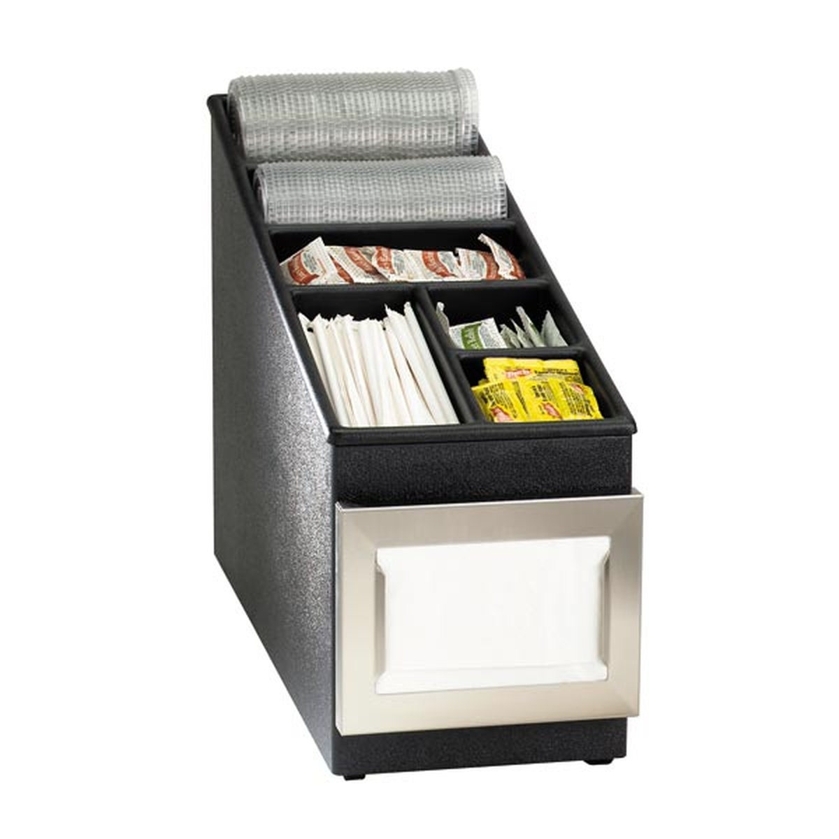 Dispense-Rite NSLC-1BT black polystyrene countertop organizer with stainless steel napkin dispenser, showing lid slots, straw section, and condiment compartments loaded with supplies